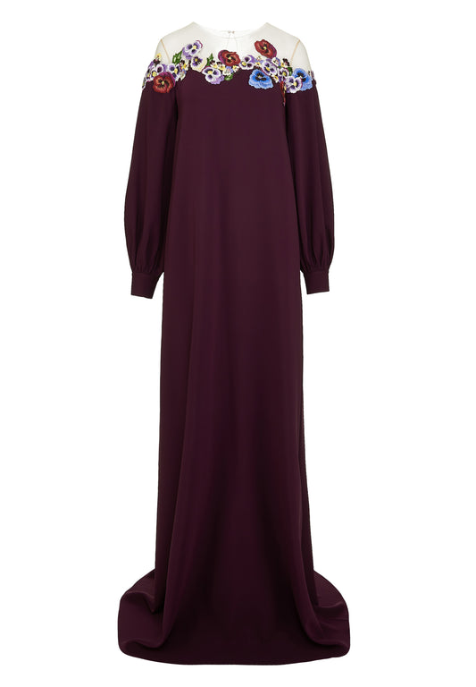 فستان من الكريب المصنوع من مزيج الحرير مزين بالتول