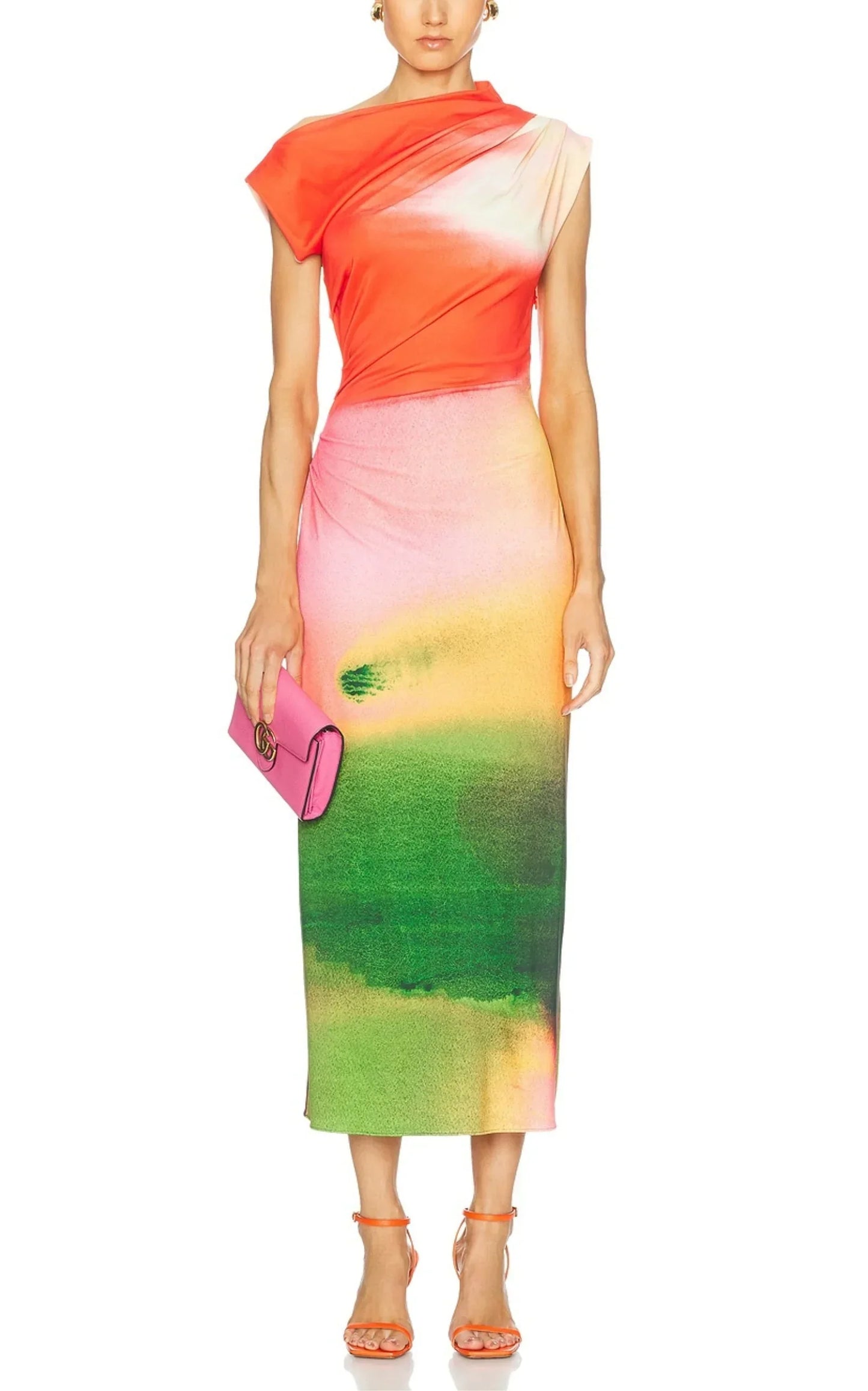 Draped Watercolor-Print Jersey Midi Dress