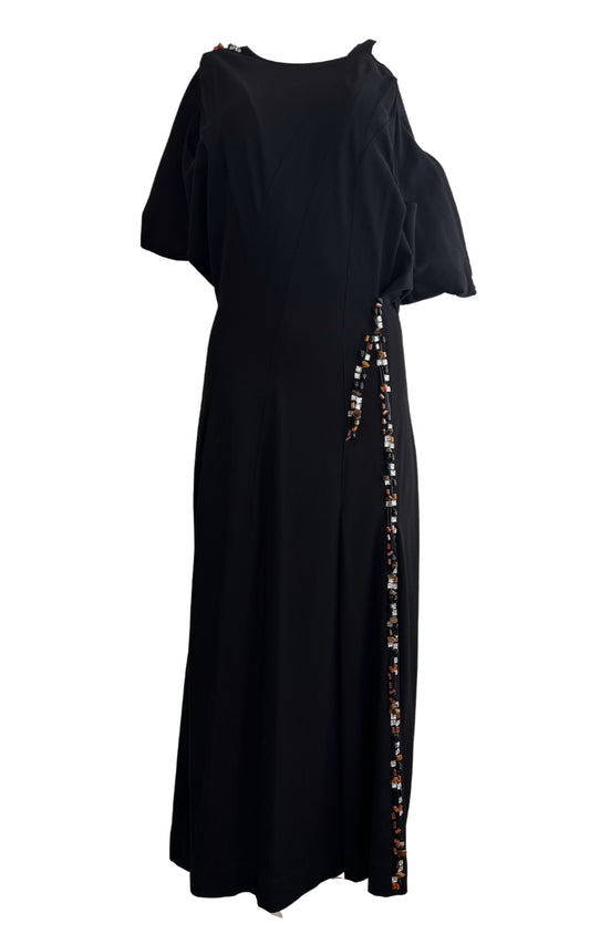 Asymmetrische, met ambersteen versierde midi-jurk