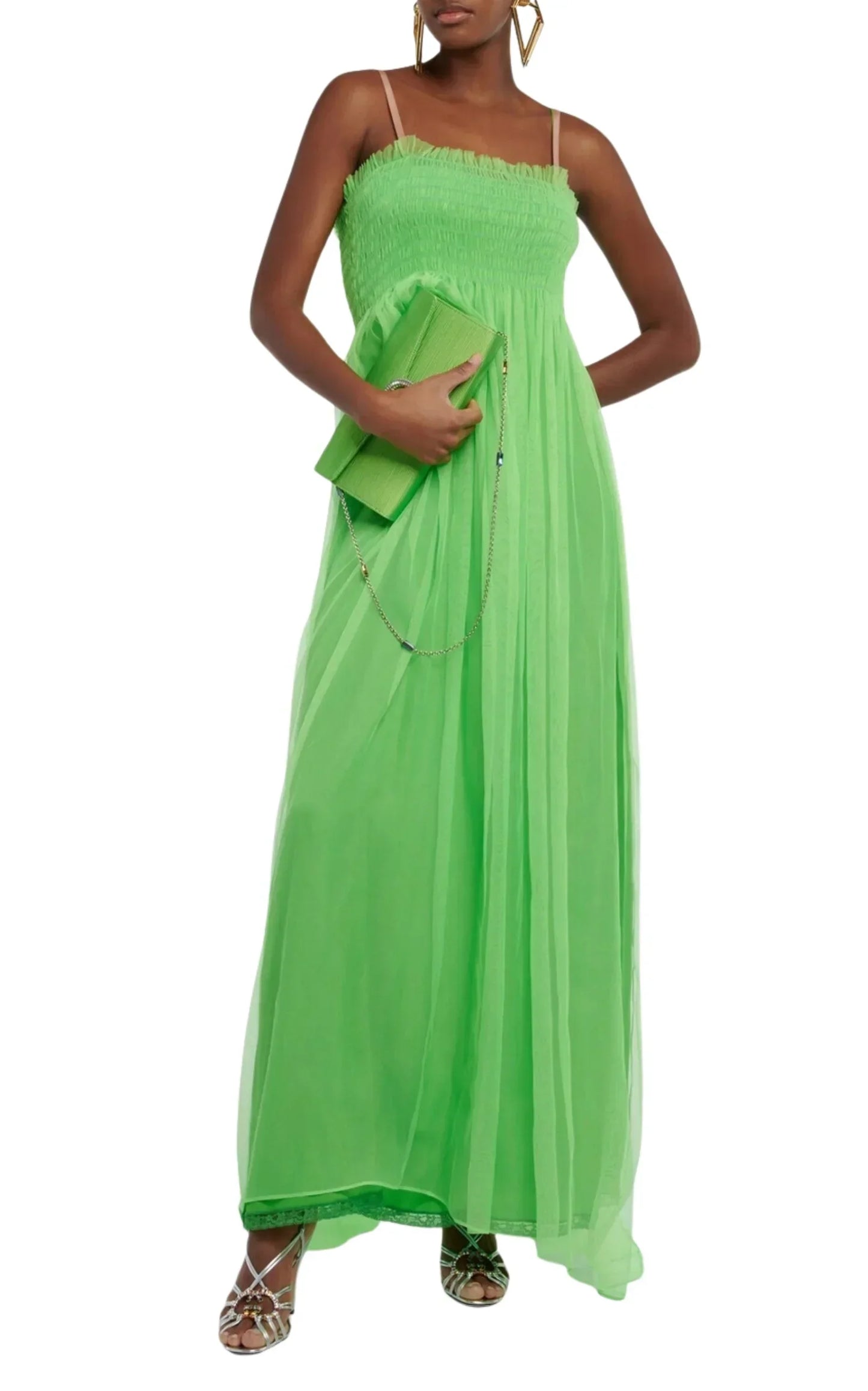 Kiwi Green Shirred Bodice Smocked Silk Gown