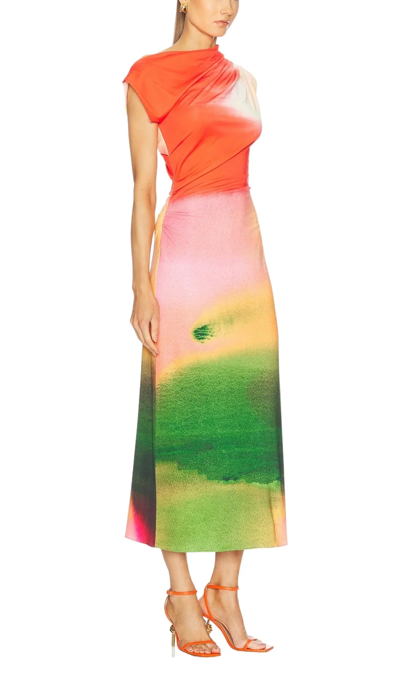 Draped Watercolor-Print Jersey Midi Dress