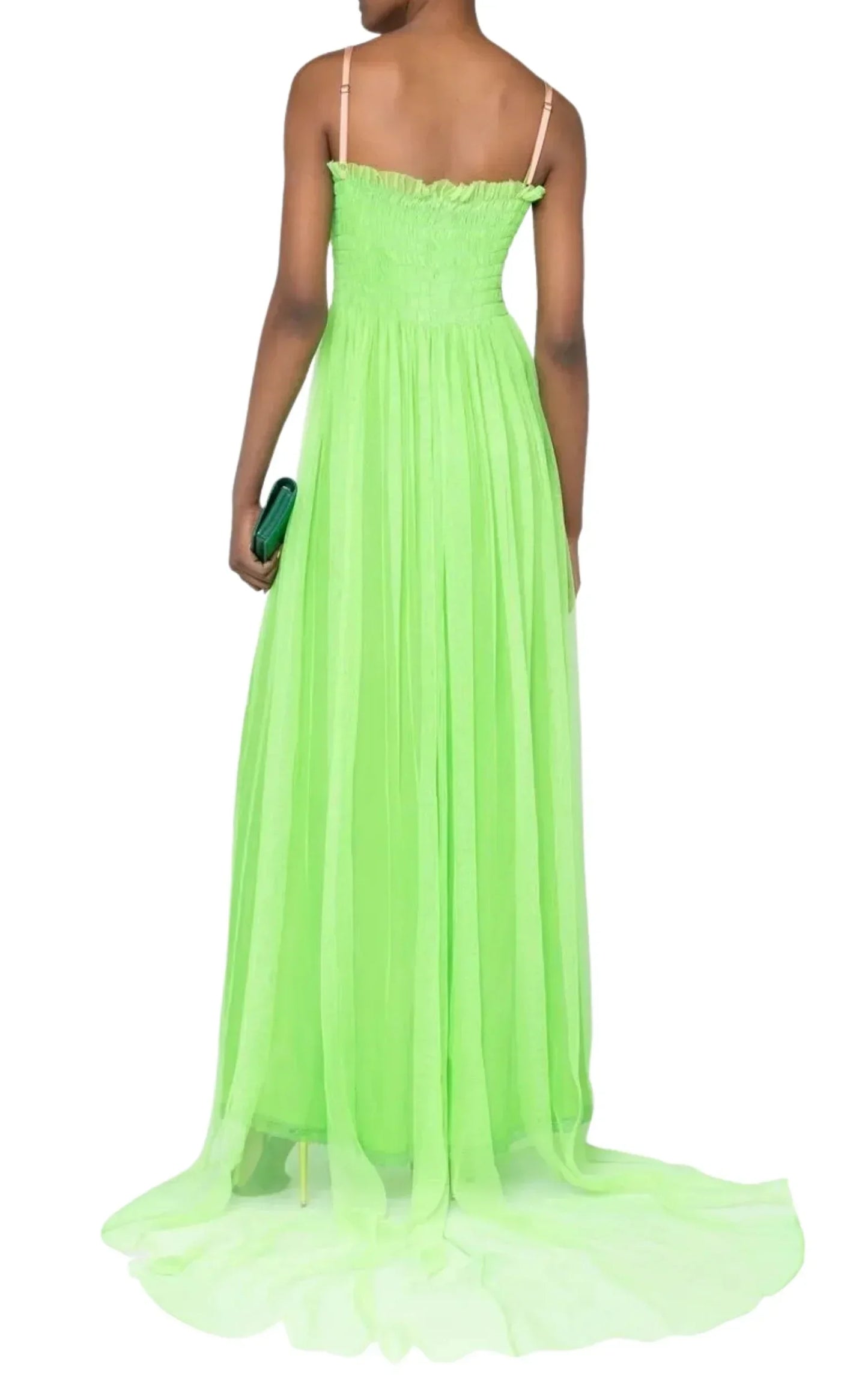Kiwi Green Shirred Bodice Smocked Silk Gown
