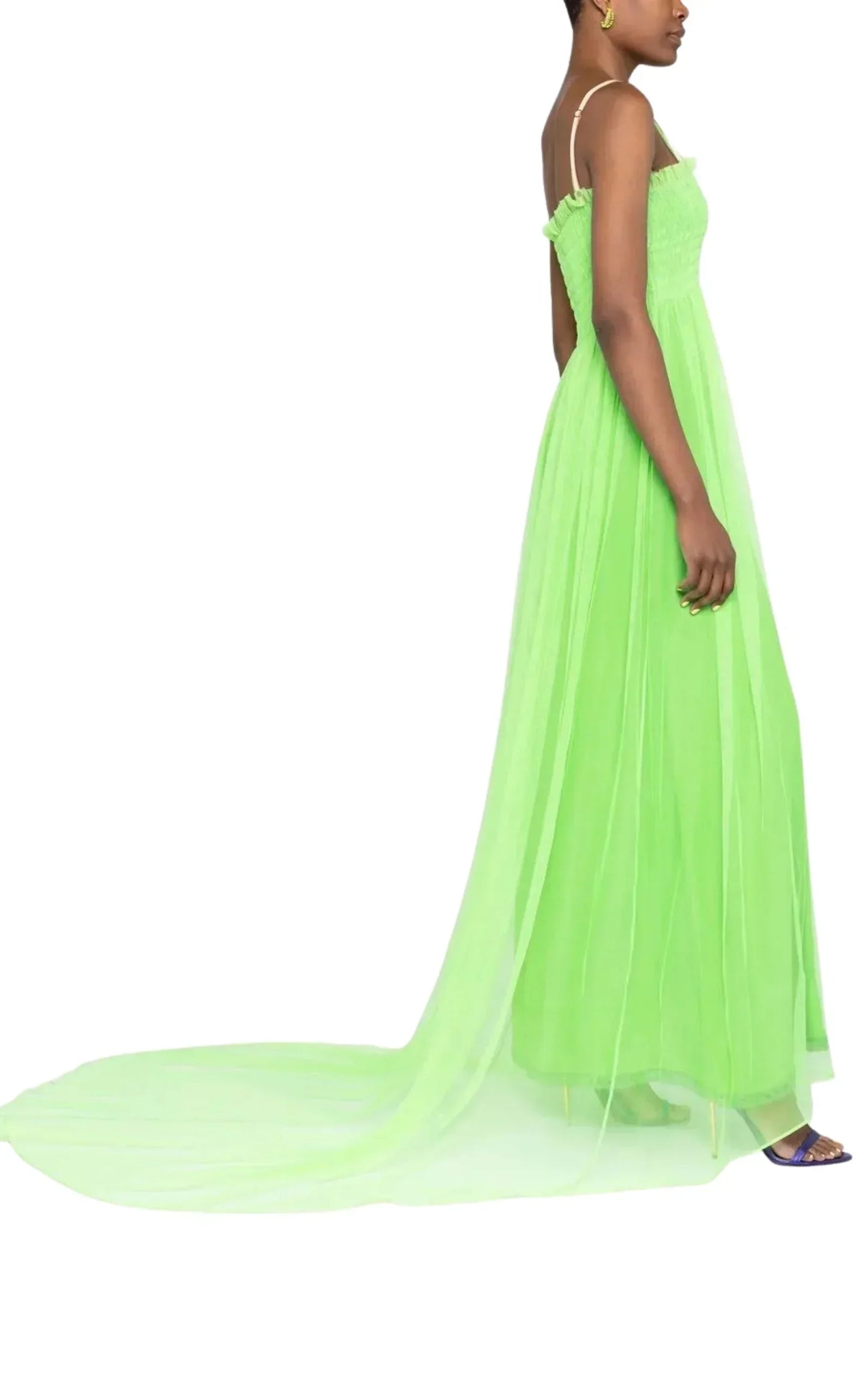 Kiwi Green Shirred Bodice Smocked Silk Gown