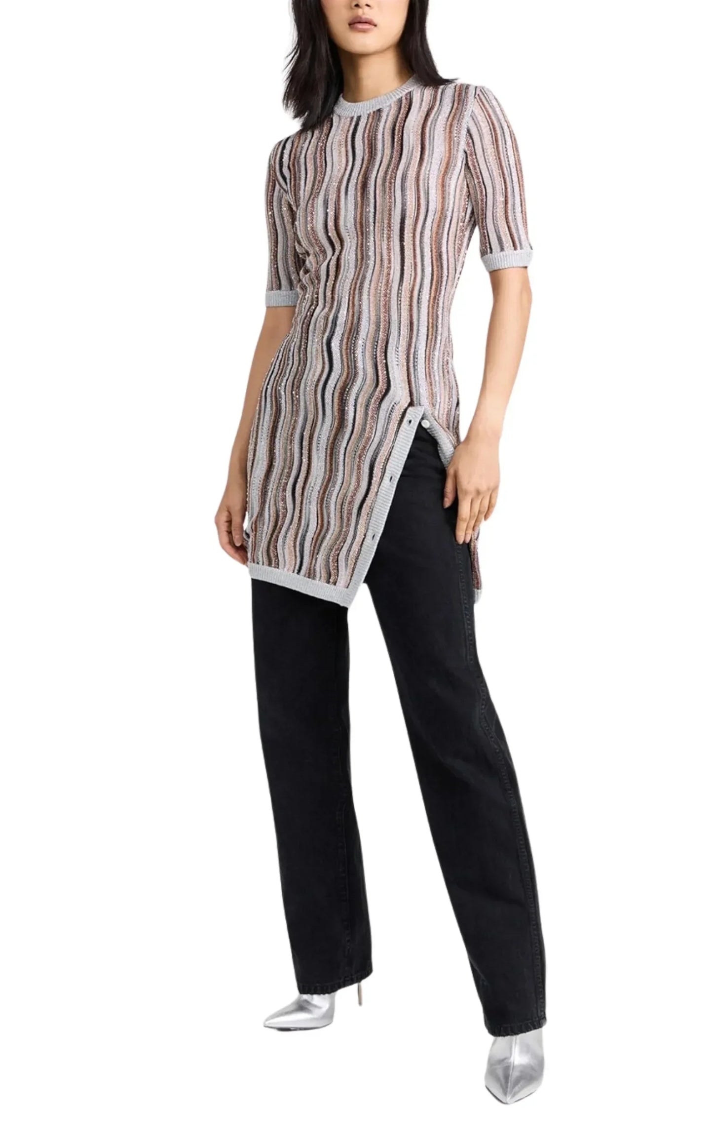 Embellished Metallic Crochet-Knit Mini Dress