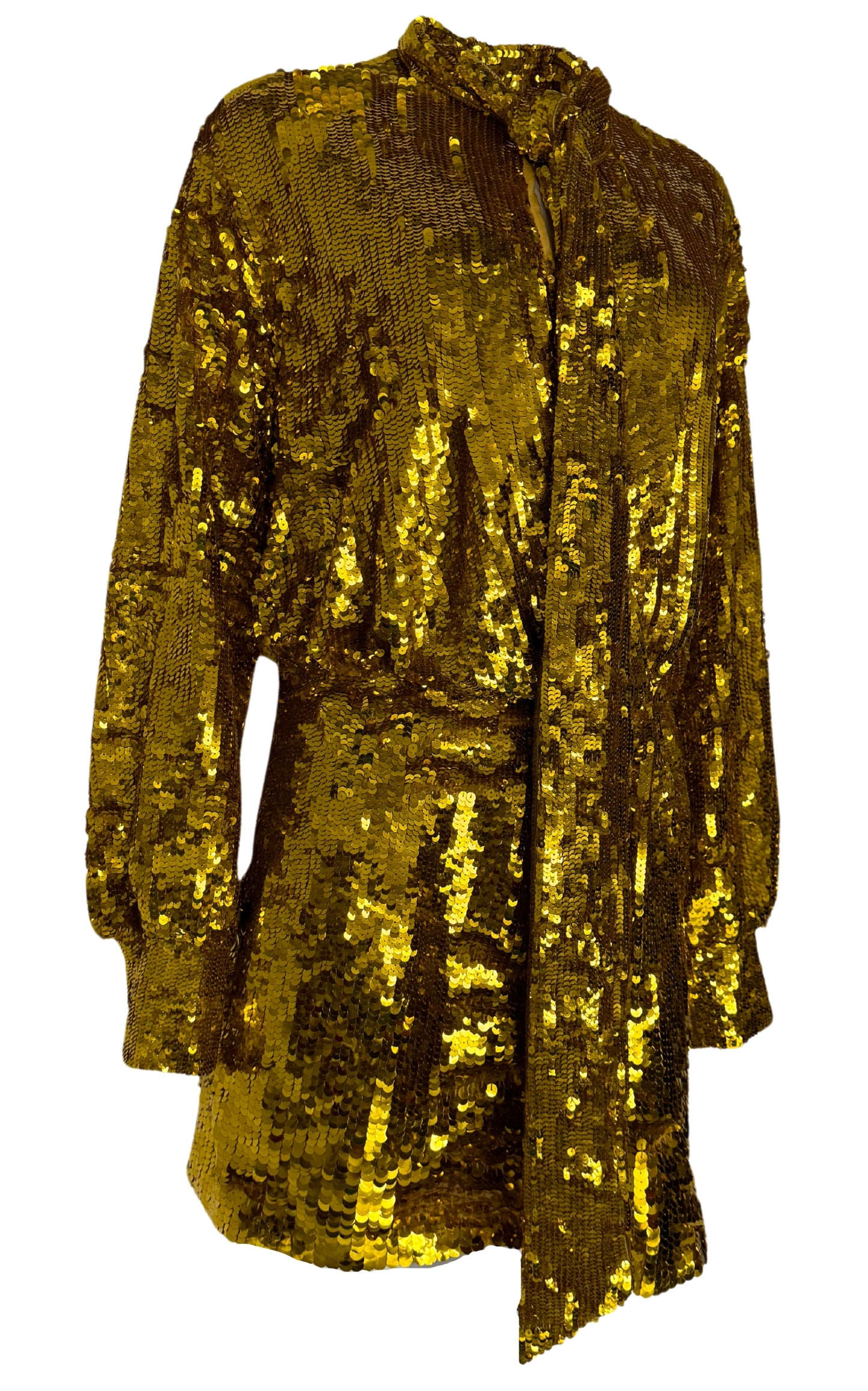 فستان قصير من التول مزين بالترتر باللون الذهبي