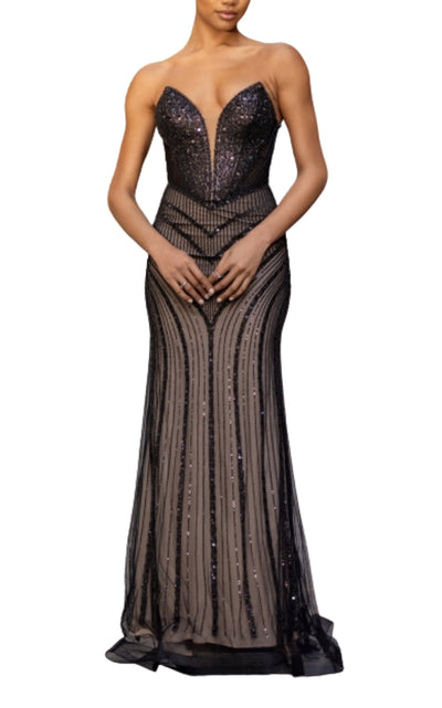 Black Strapless Beaded Fitted Dress Corset Bodice Maxi Formal Gown Dress