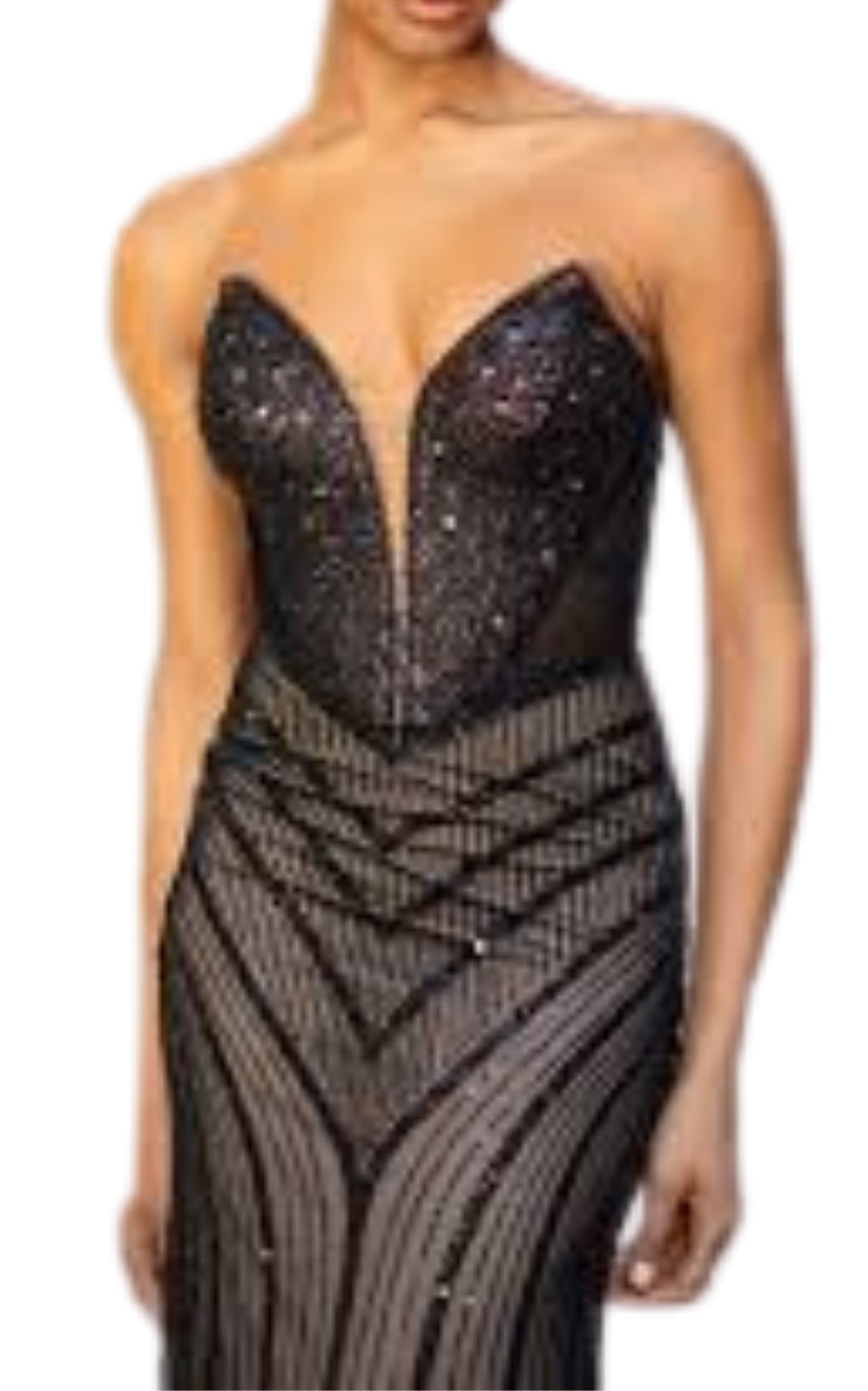Black Strapless Beaded Fitted Dress Corset Bodice Maxi Formal Gown Dress