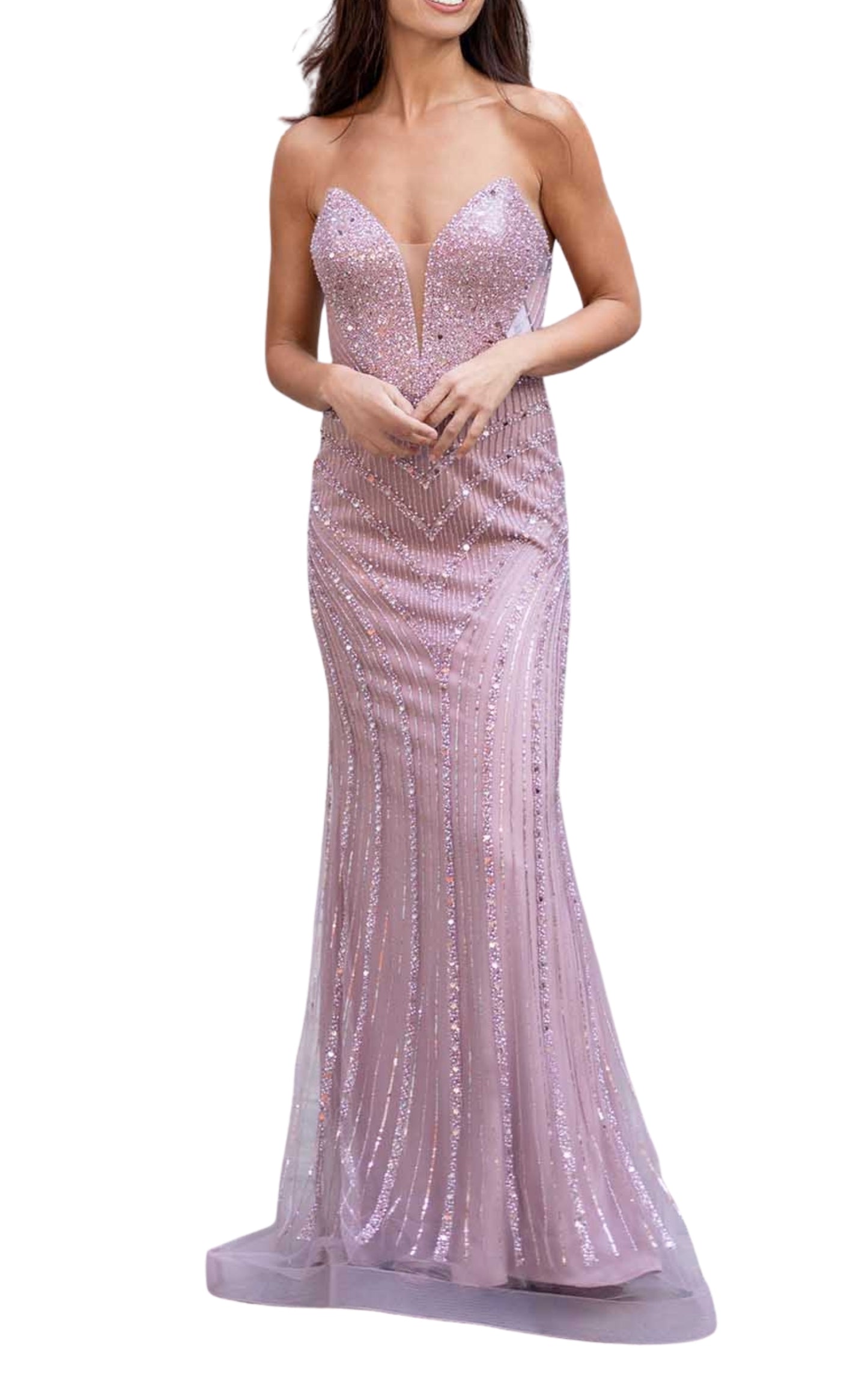 Formal Pink Dress V Plunge Neckline Strapless Beaded Fitted Dress