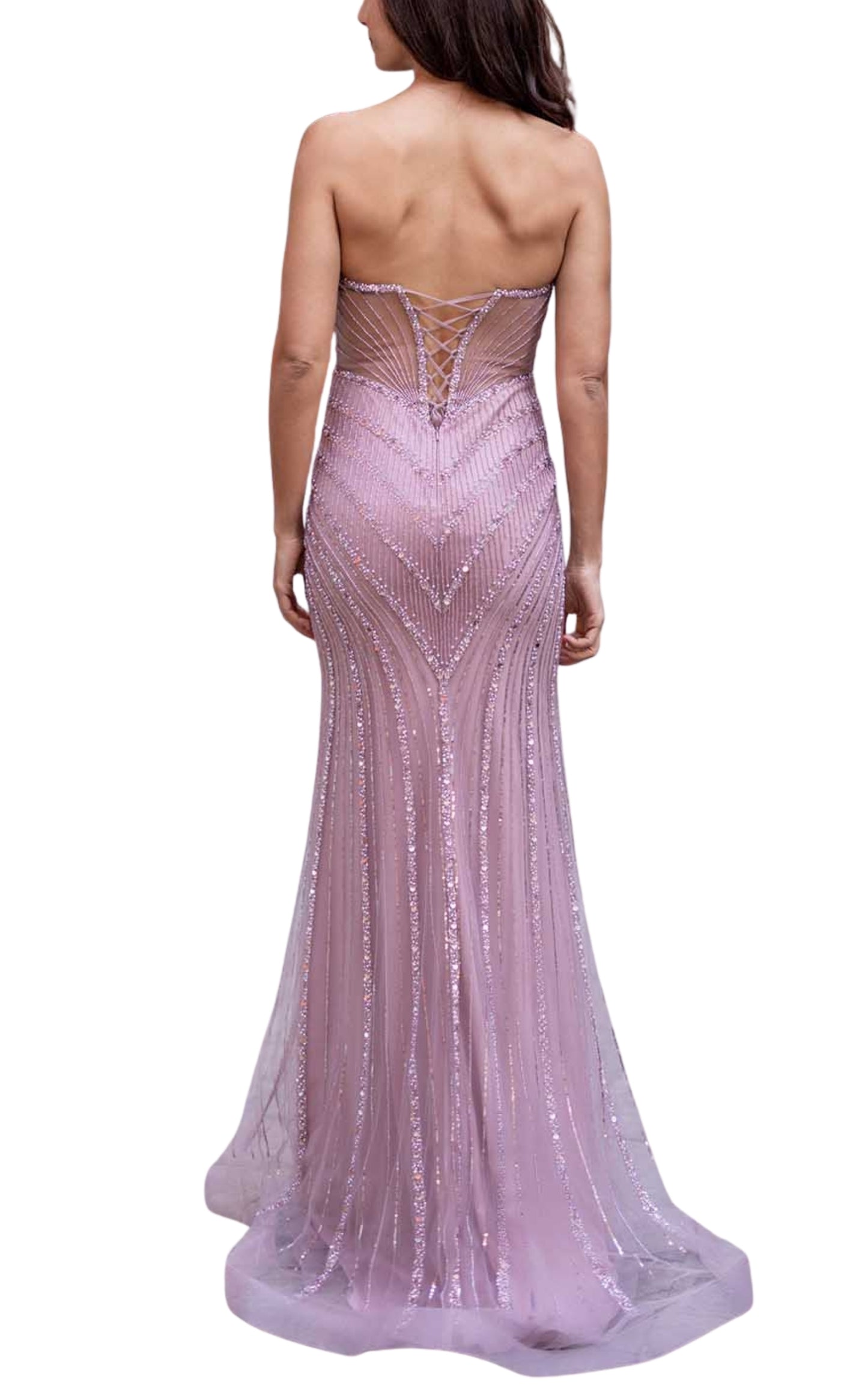 Formal Pink Dress V Plunge Neckline Strapless Beaded Fitted Dress