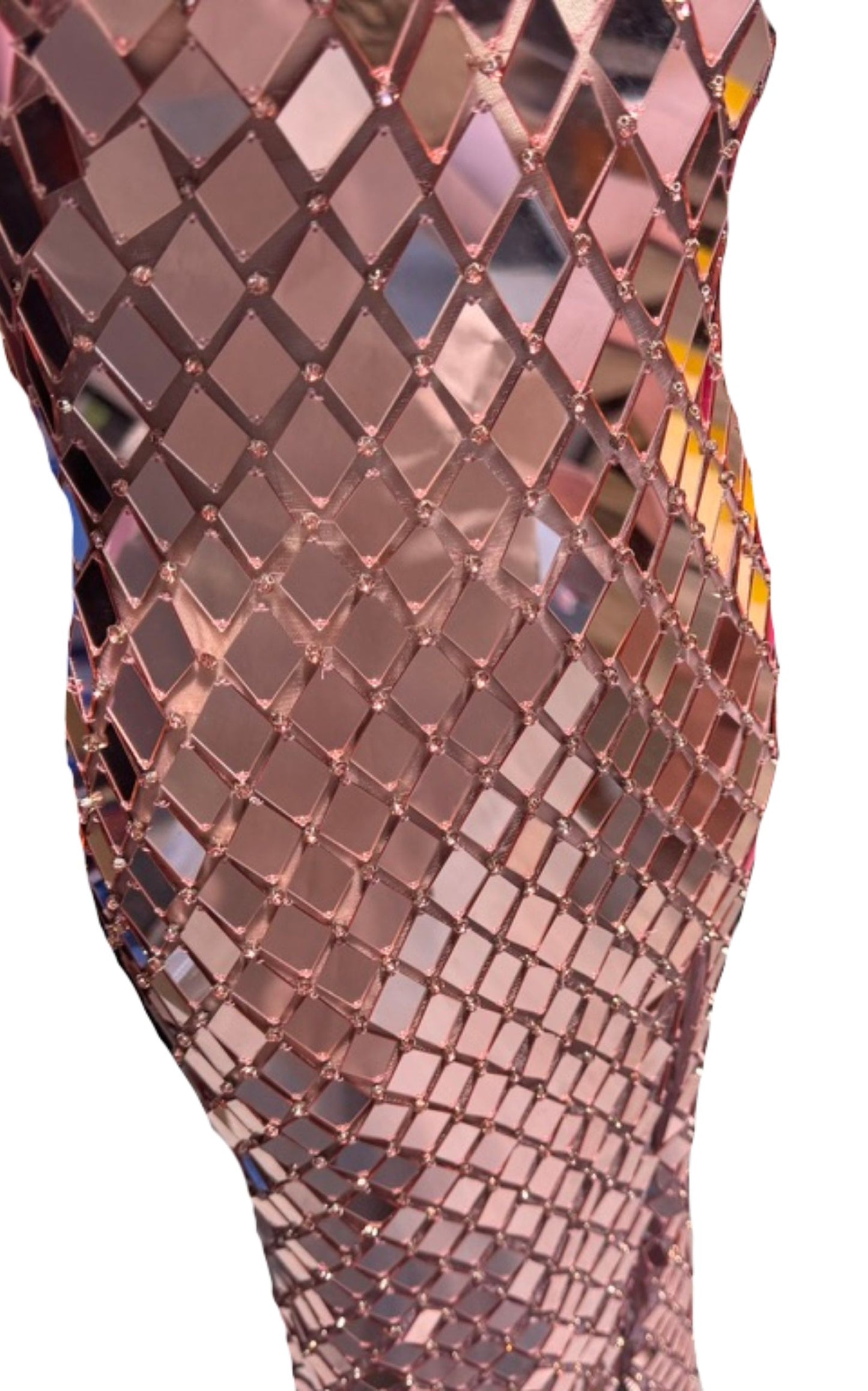 Beaded Mirror Prom Gown With Spaghetti Straps and Dramatic Slit