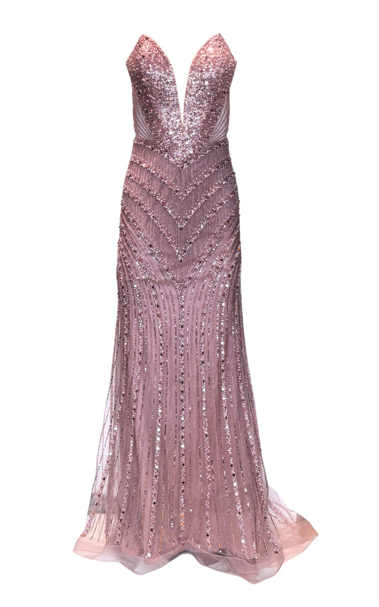 Formal Pink Dress V Plunge Neckline Strapless Beaded Fitted Dress