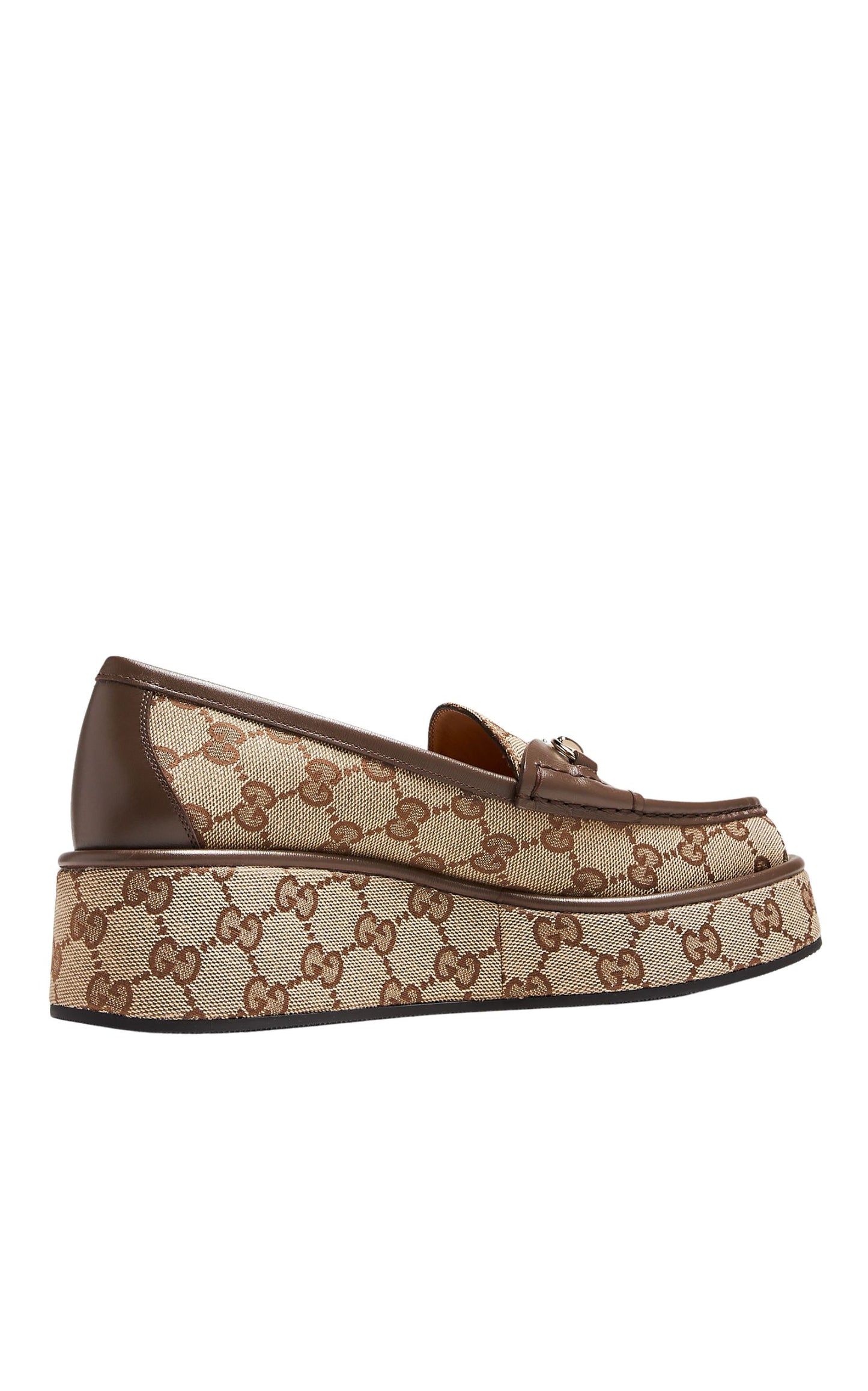 Gucci Horsebit Wedge Loafers in Beige Ebony GG Canvas with Gold Hardware
