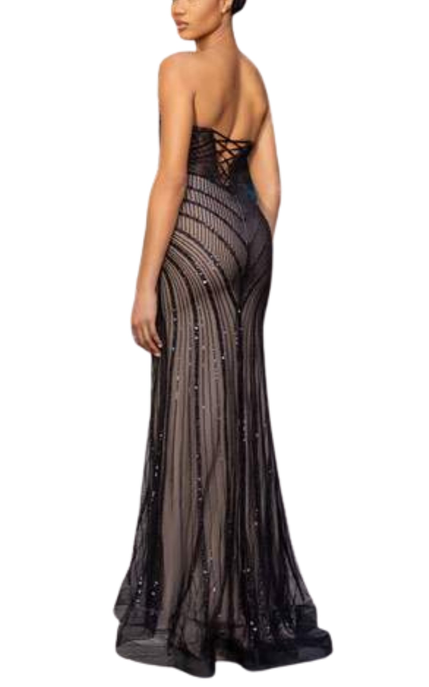 Black Strapless Beaded Fitted Dress Corset Bodice Maxi Formal Gown Dress