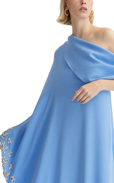 One Shoulder Drape Crystal Embroidered Dress