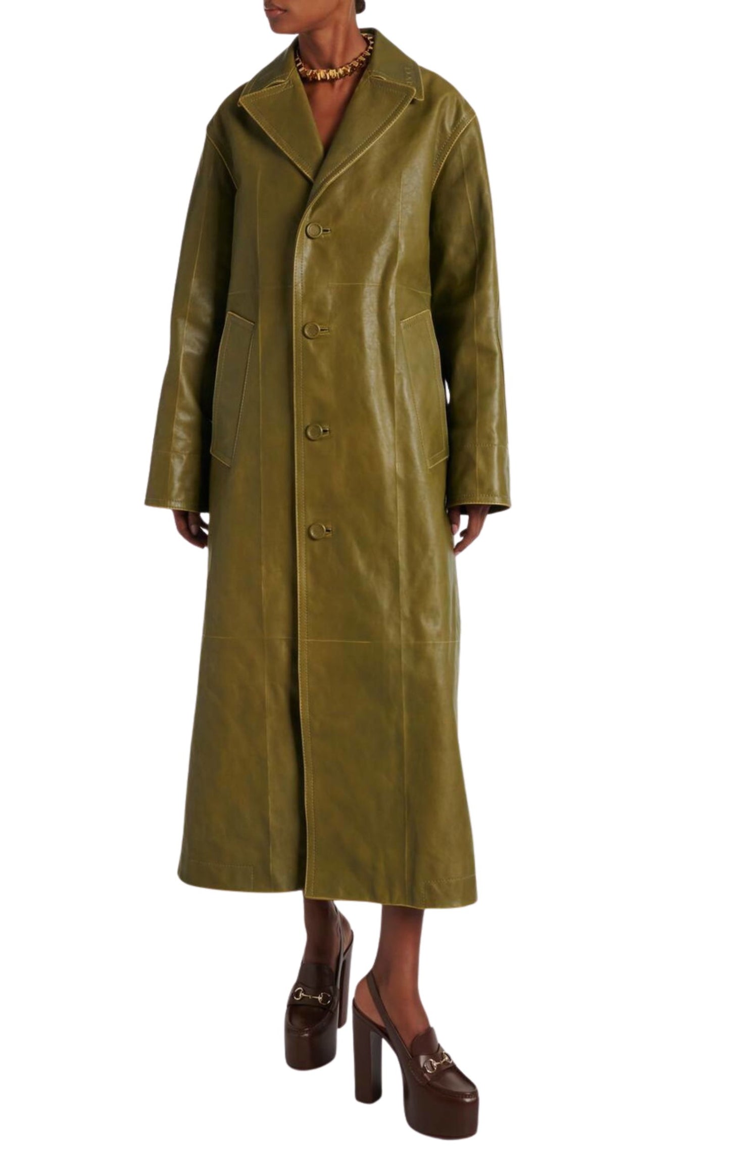 Runway Military Green Leather Overcoat - Winter 2024 Collection