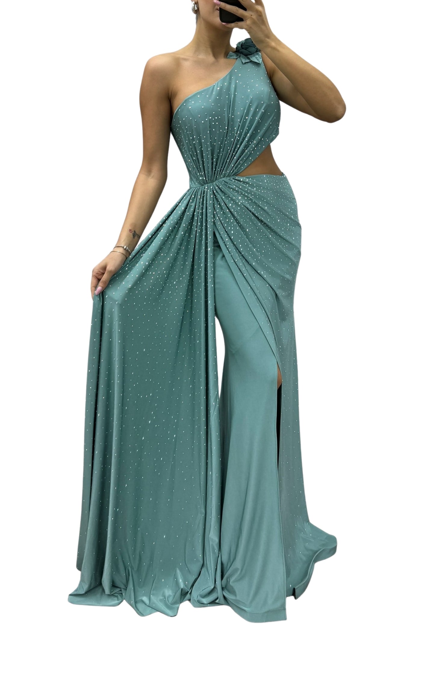 Crystal Embellished Cocktail Dress - Cutout Green
