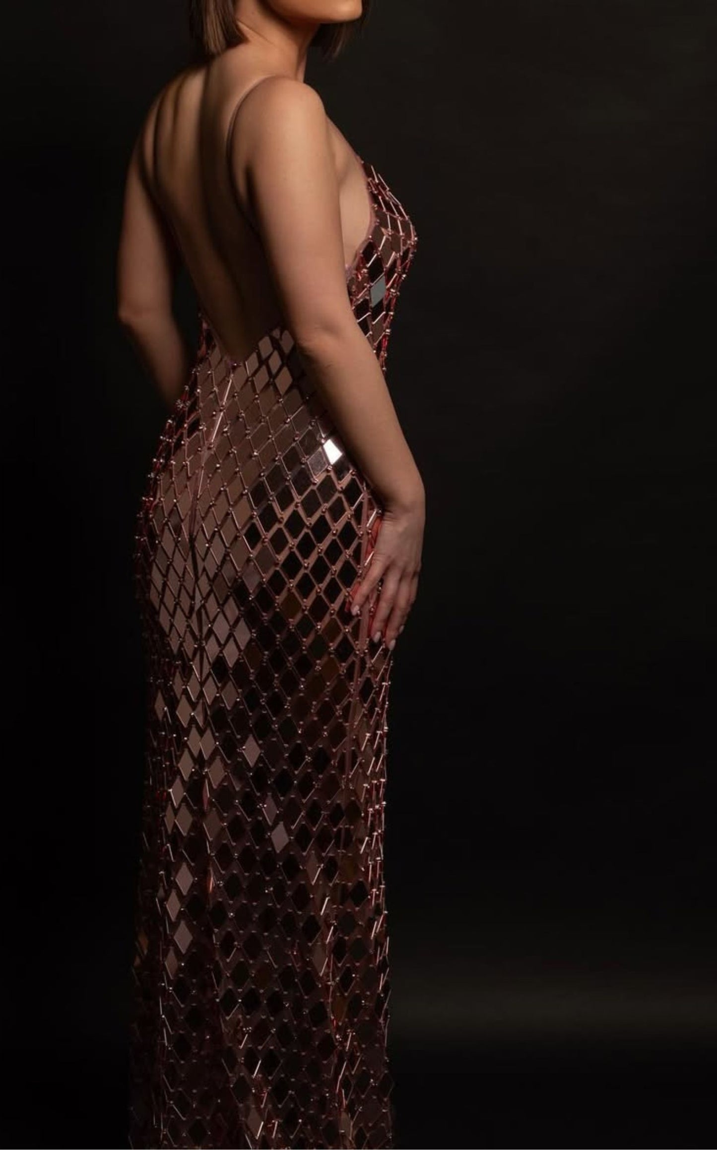 Beaded Mirror Prom Gown With Spaghetti Straps and Dramatic Slit