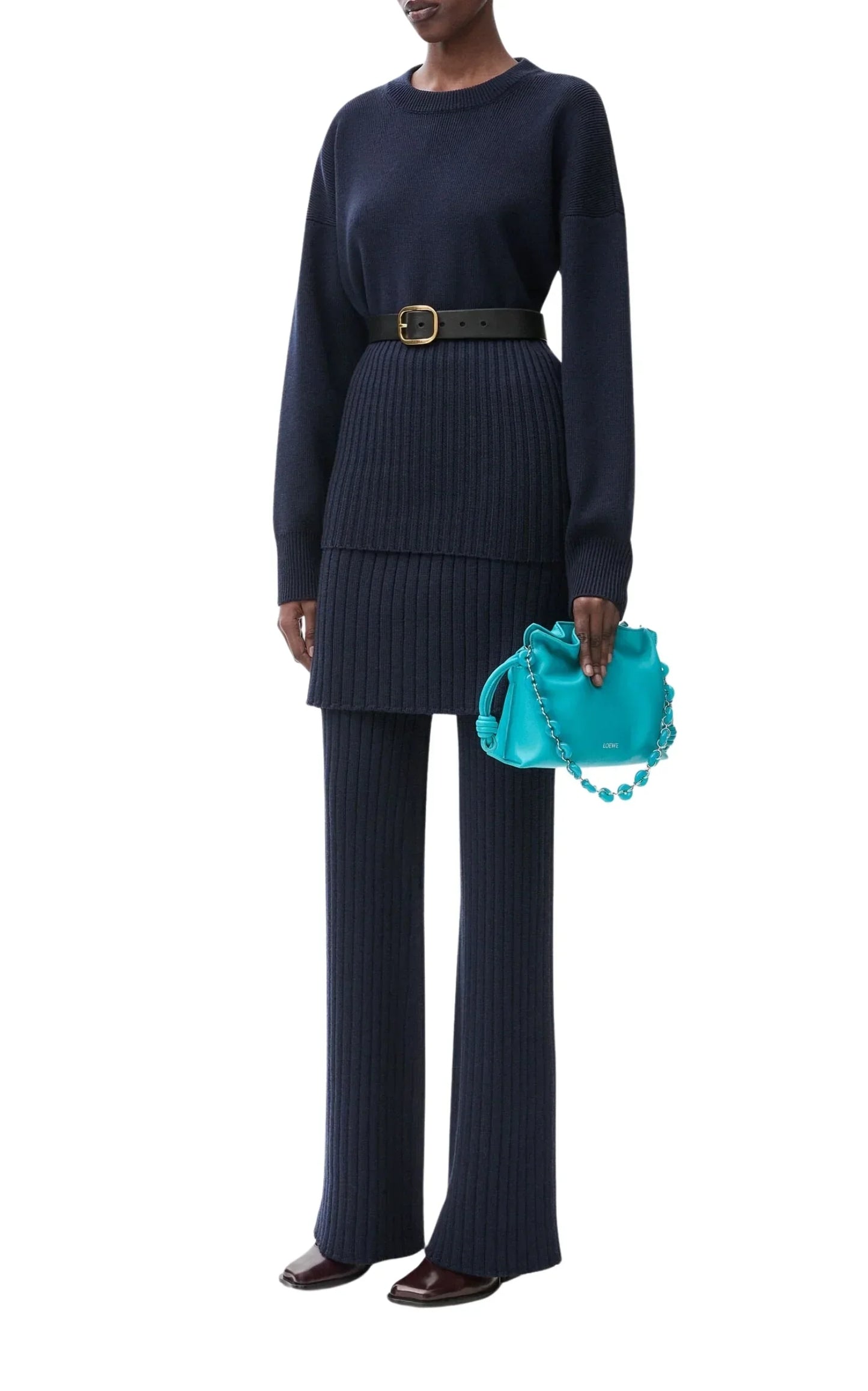 Layered-Skirt Flared-Leg Mid-Rise Wool Trousers