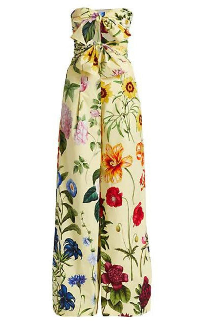Cutout Floral Print Poplin Wide Leg Jumpsuit-Jumpsuits & Rompers-Oscar de la Renta-US 4-Yellow-Cotton-Runway Catalog