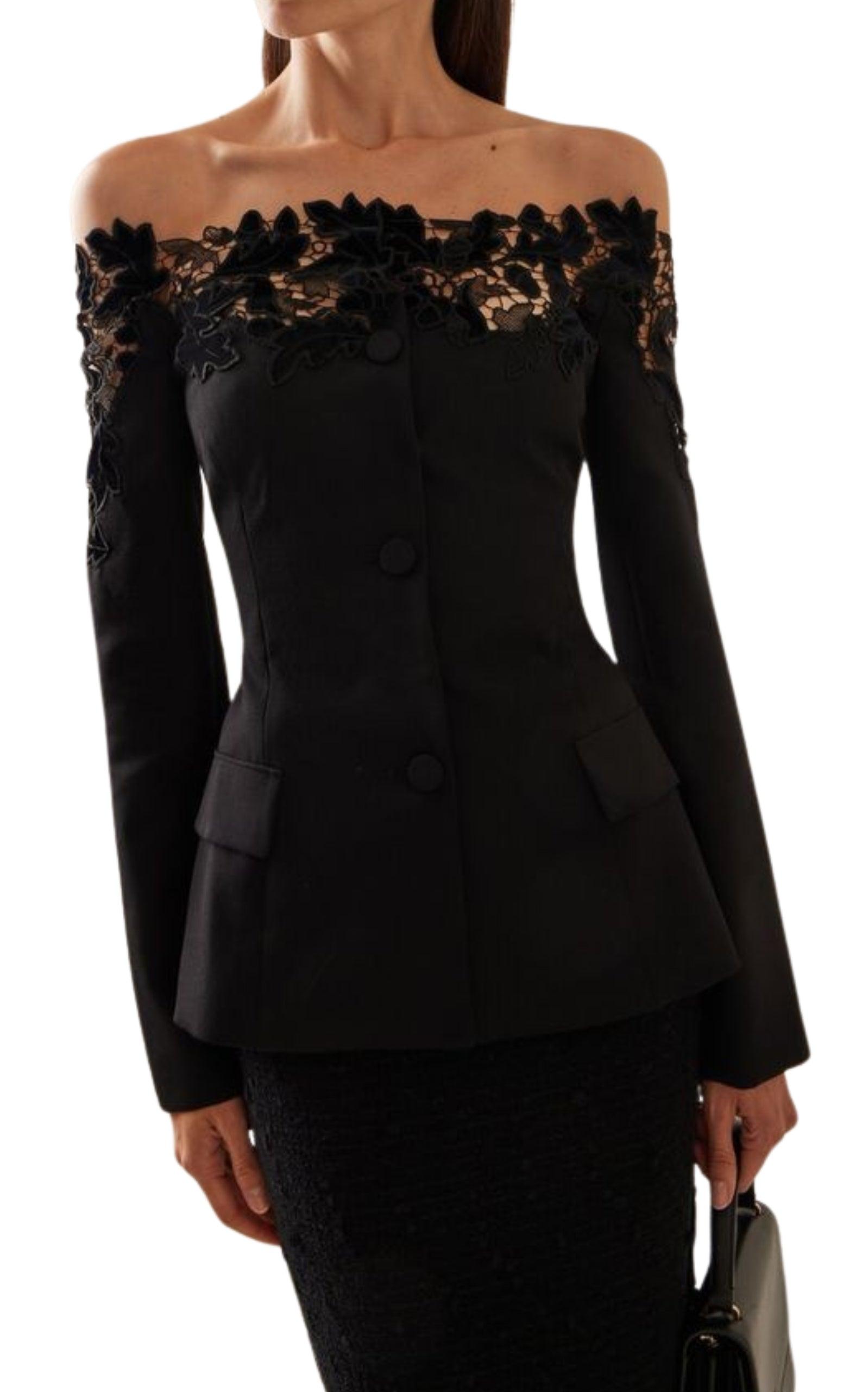 Off-The-Shoulder Lace-Embellished Jacket-Blazers-Oscar de la Renta-10-Black-Wool-Runway Catalog