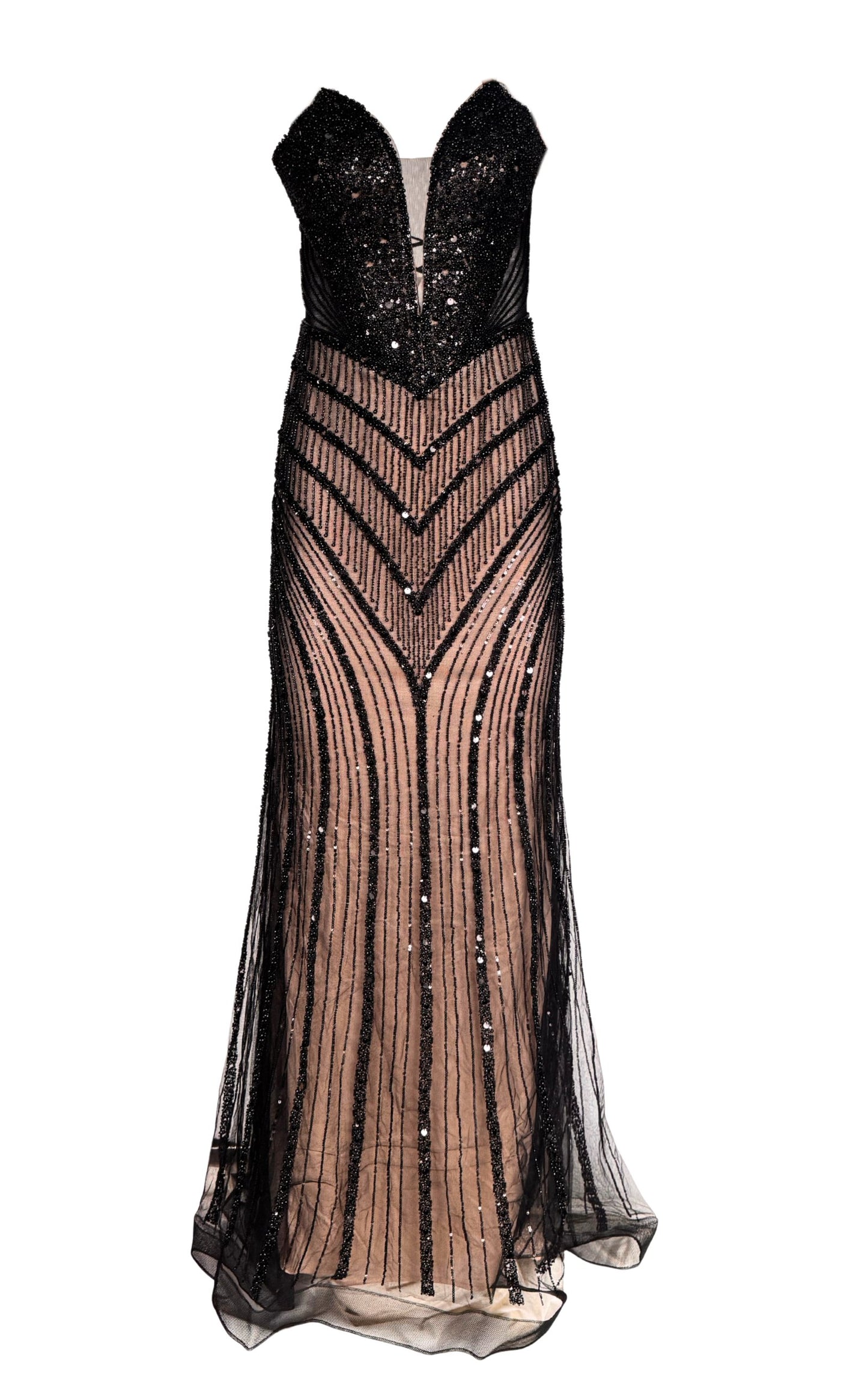 Black Strapless Beaded Fitted Dress Corset Bodice Maxi Formal Gown Dress