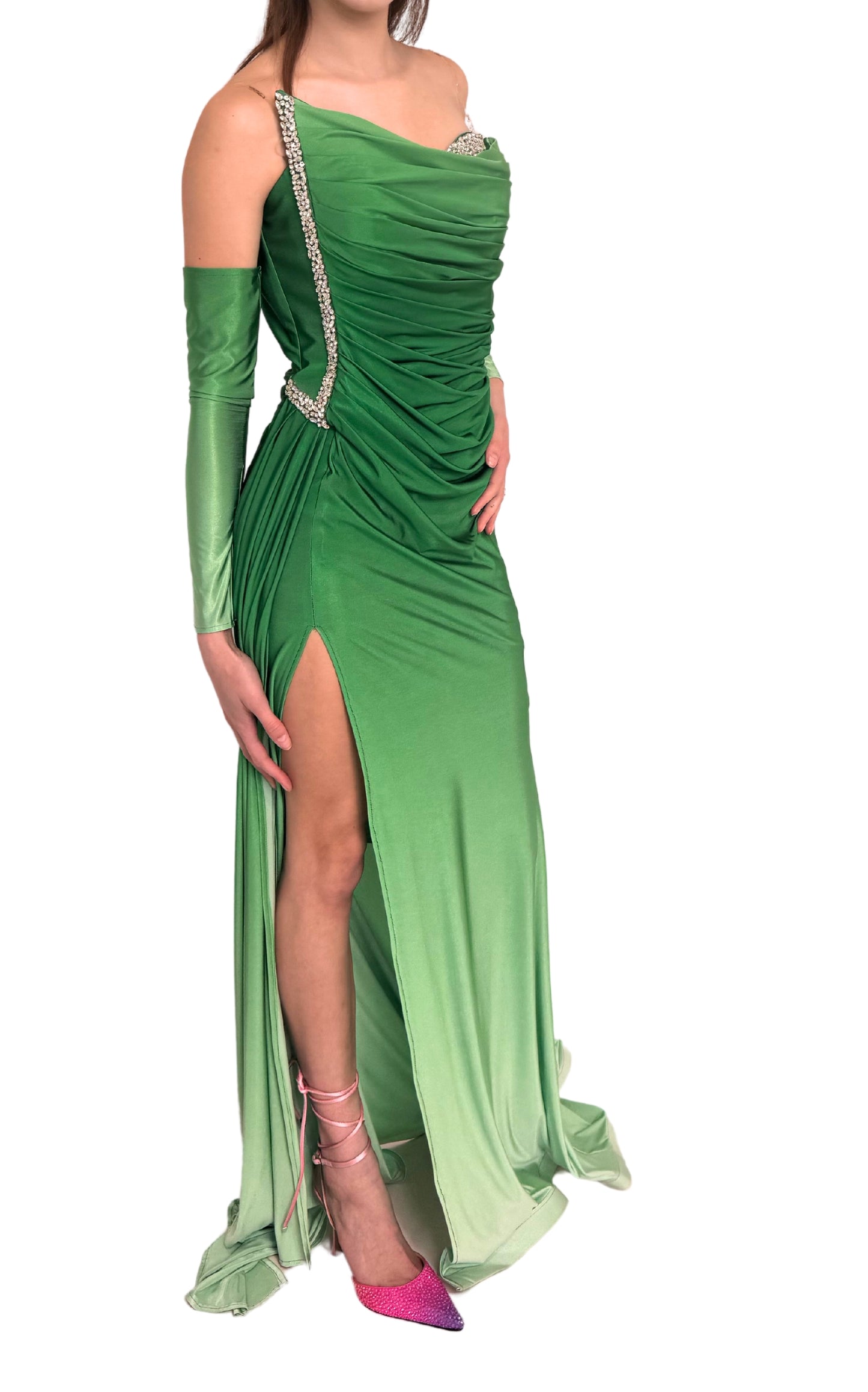 Rhinestone Embellished Green Ombre Gown