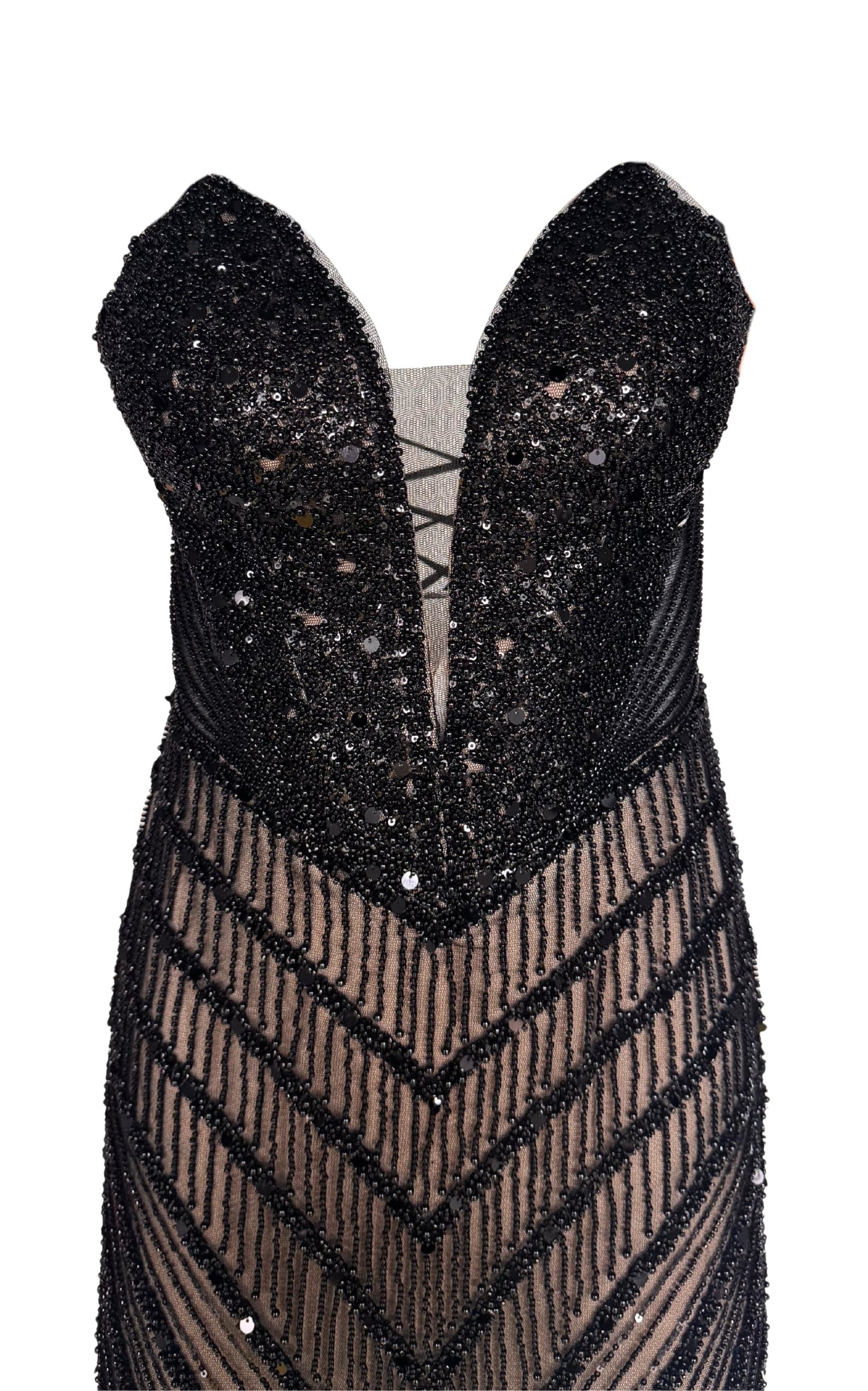 Black Strapless Beaded Fitted Dress Corset Bodice Maxi Formal Gown Dress