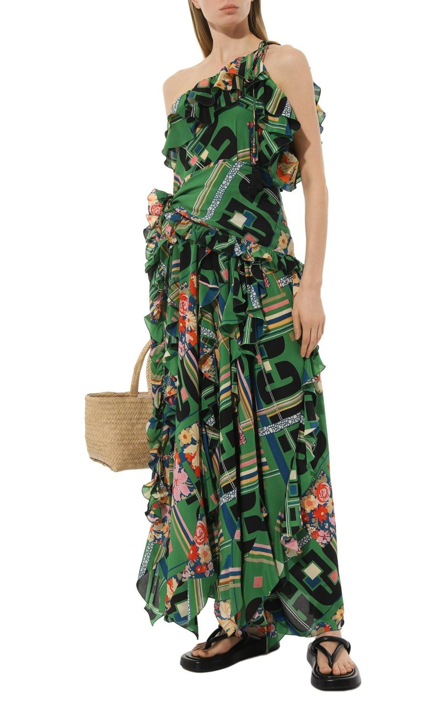 Green Floral Check-Print Ruffled Silk Gown