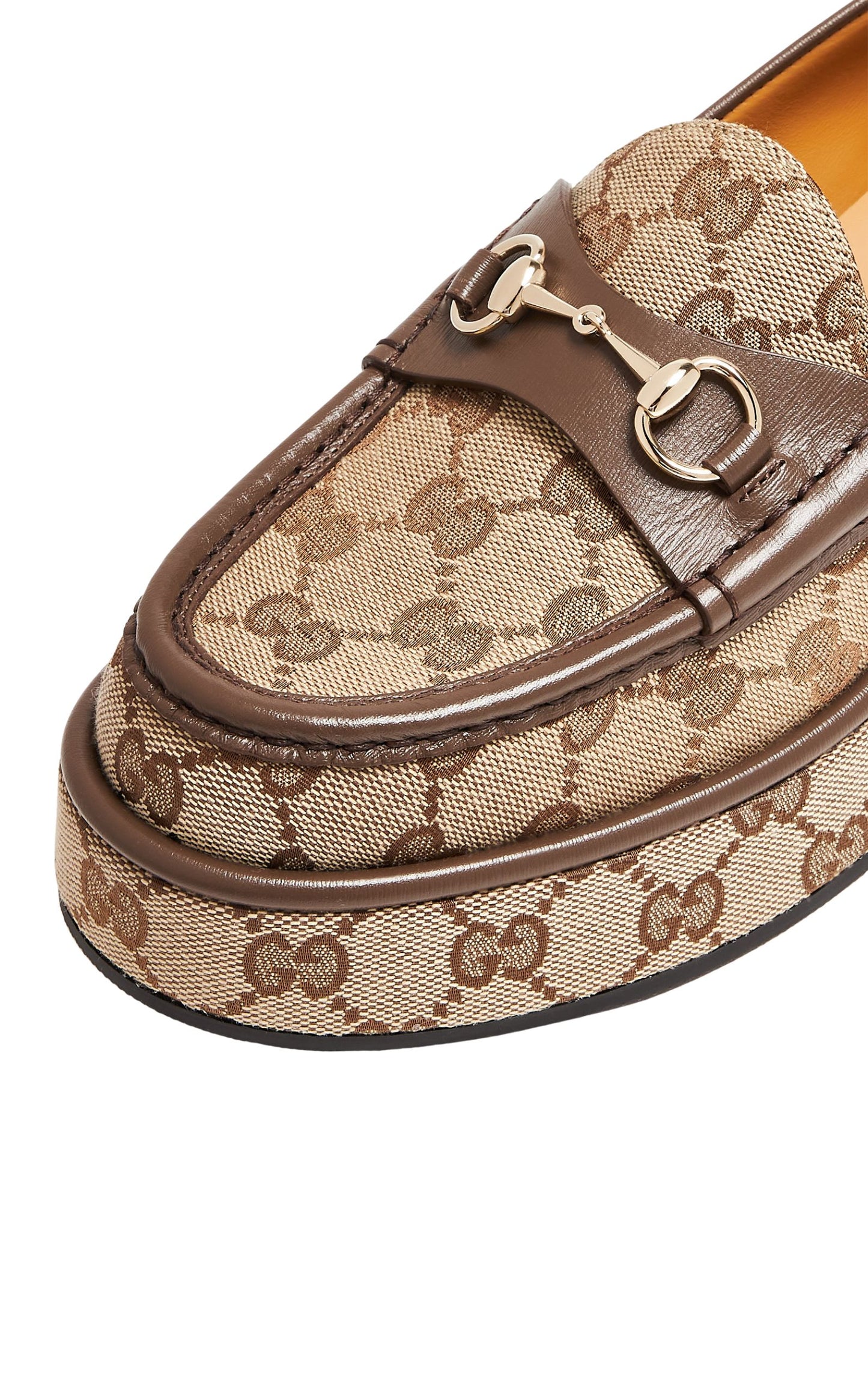 Gucci Horsebit Wedge Loafers in Beige Ebony GG Canvas with Gold Hardware