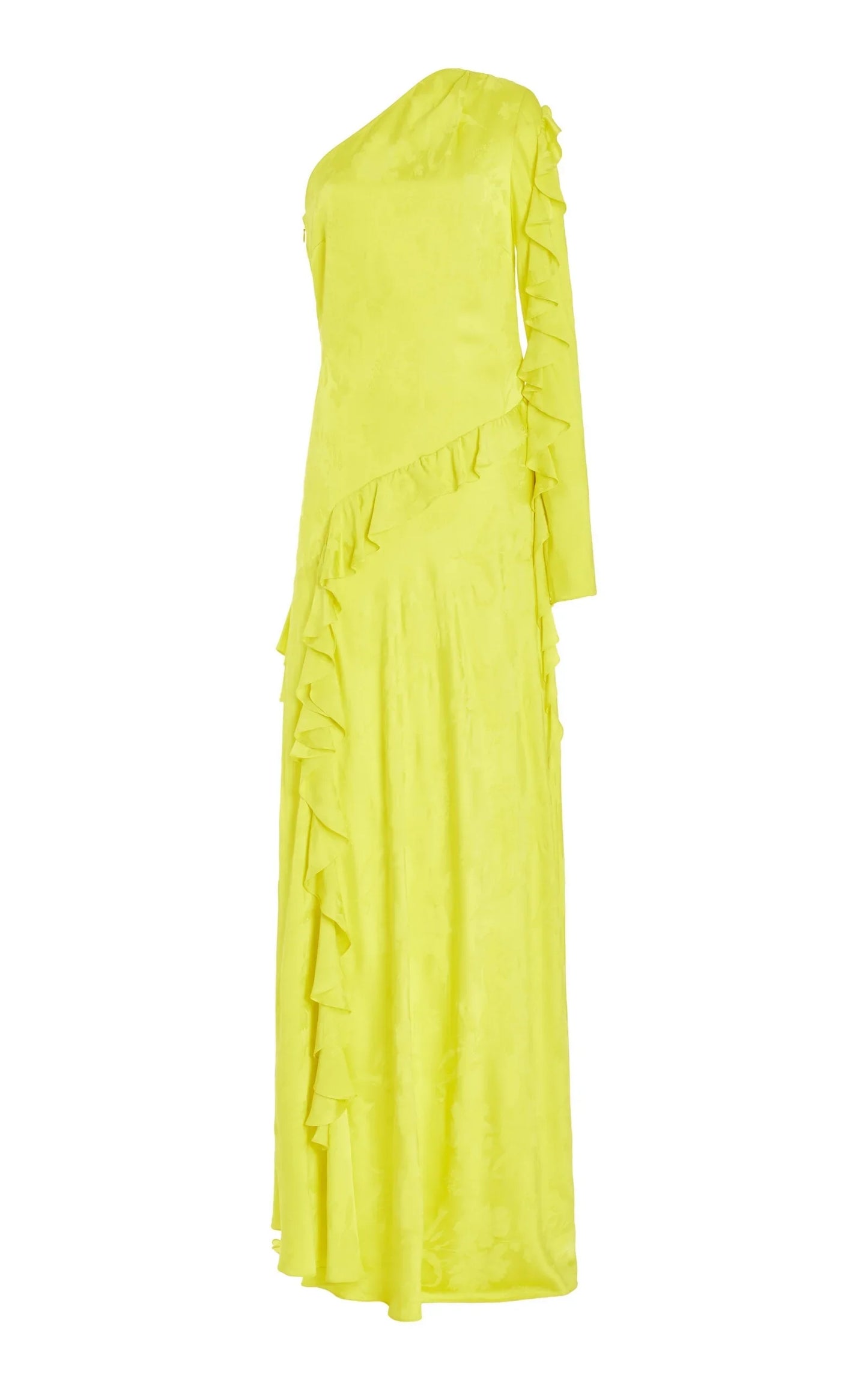 One Shoulder Yellow Silk Ruffle Dress