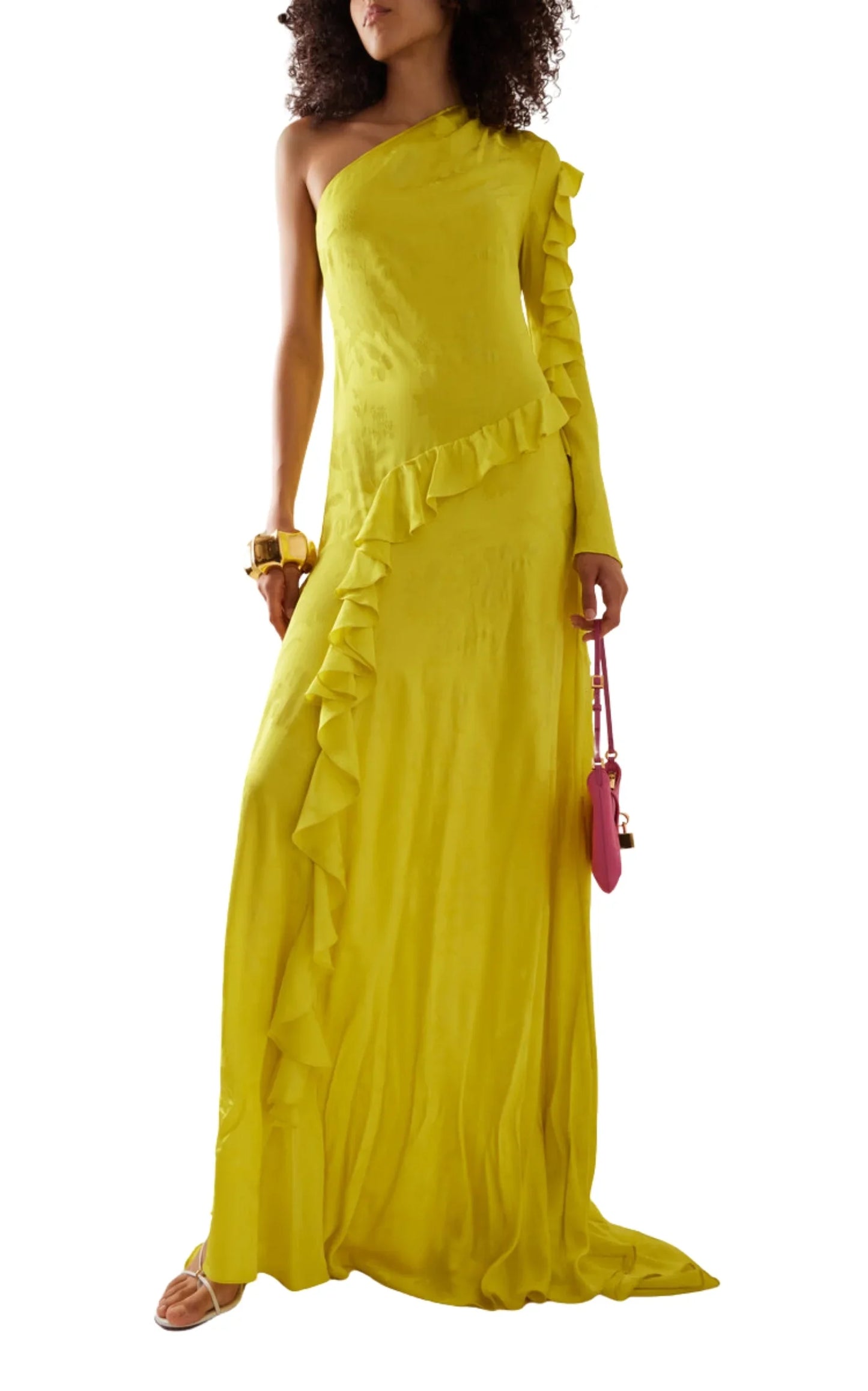 One Shoulder Yellow Silk Ruffle Dress