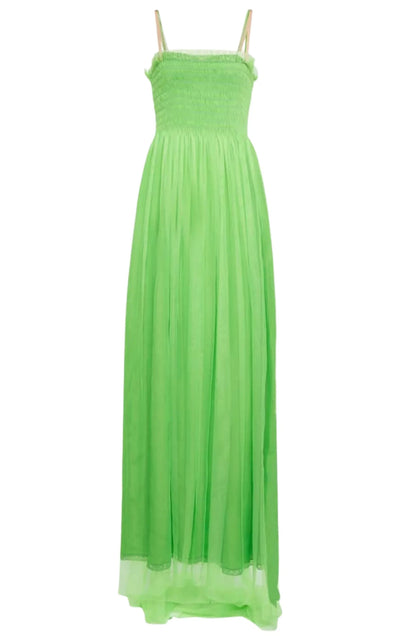 Kiwi Green Shirred Bodice Smocked Silk Gown