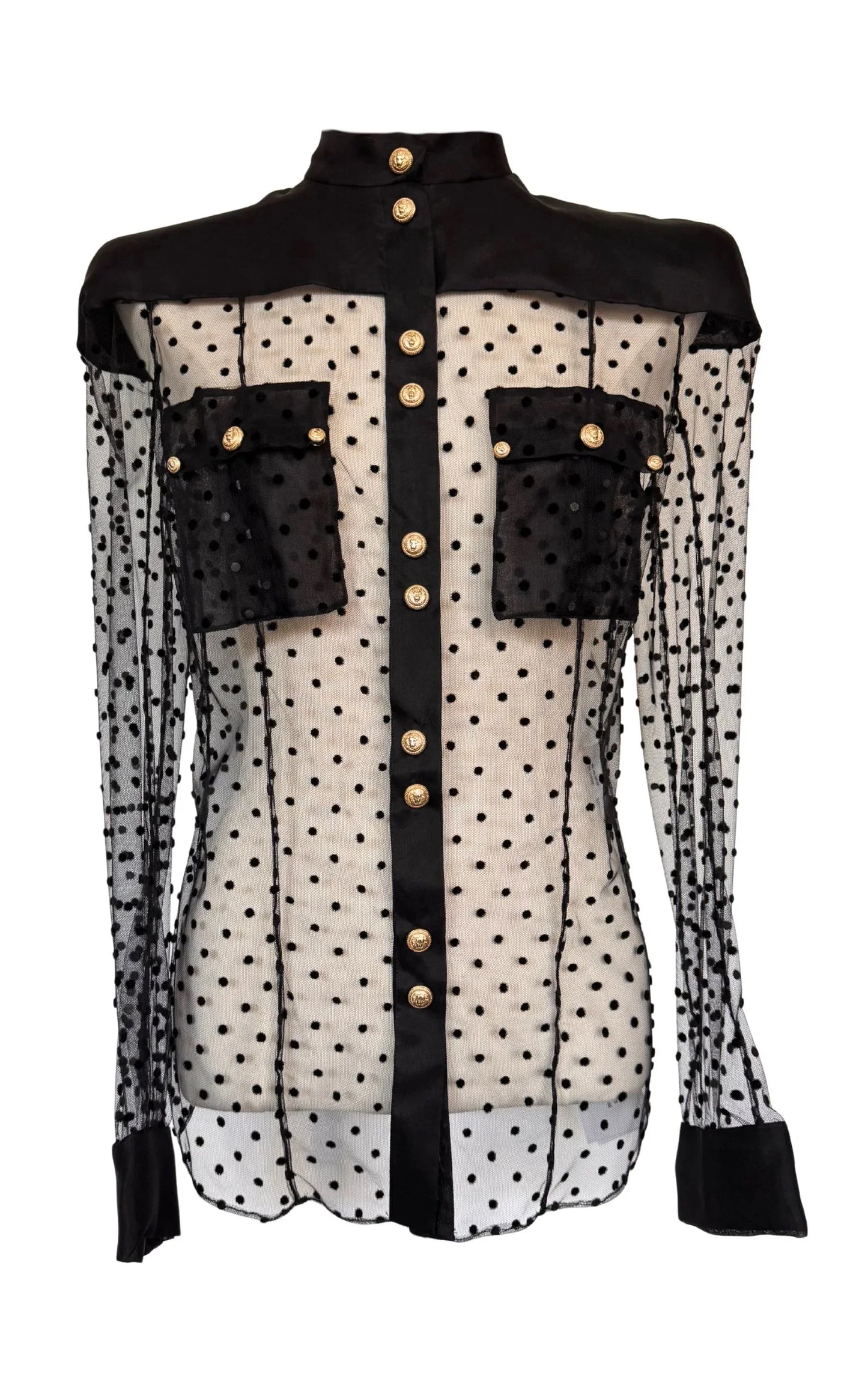 Long Sleeve Black Polka Dot Silk Shirt with Gold Buttons