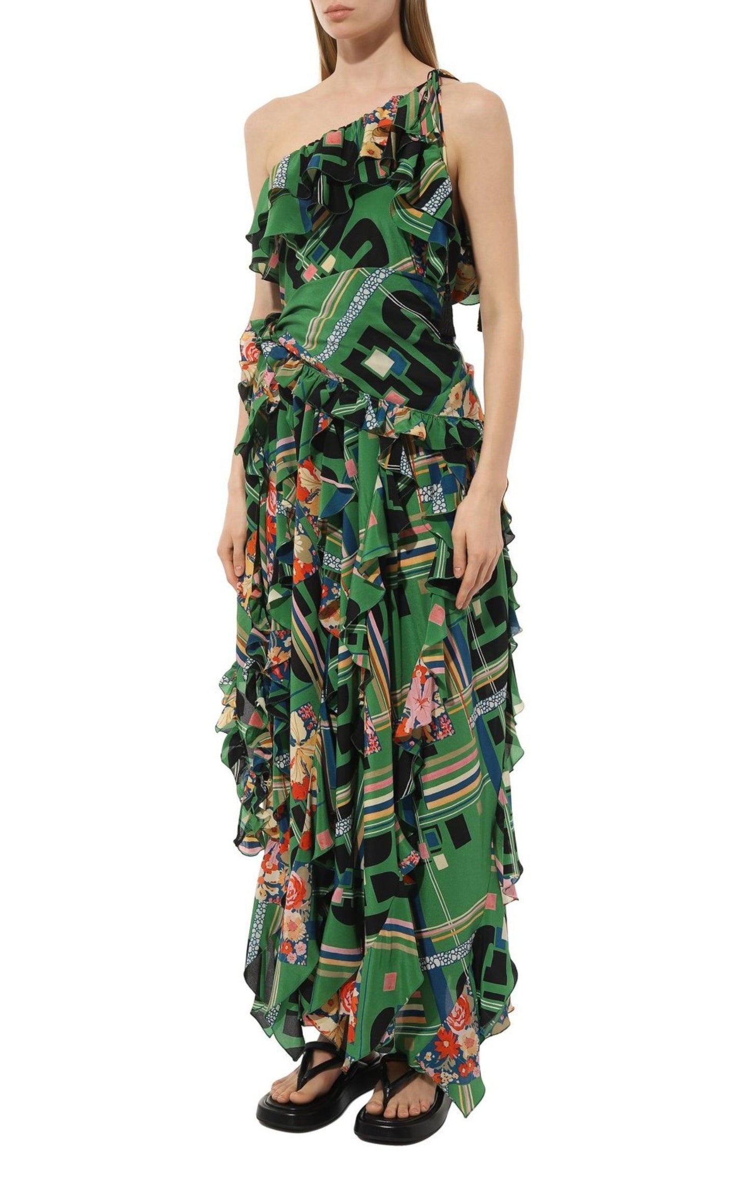 שמלת משי מפוצצת בצבע ירוק פרחוני