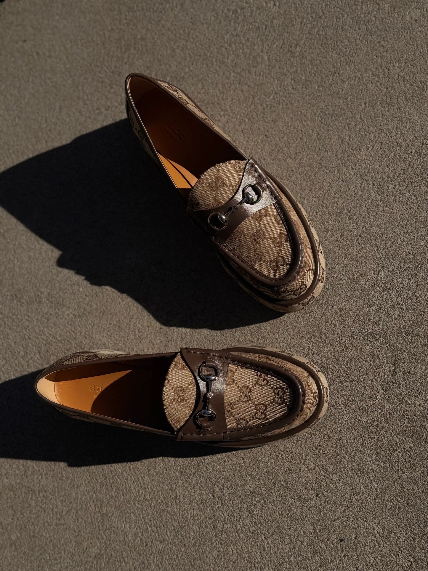 Gucci Horsebit Wedge Loafers in Beige Ebony GG Canvas with Gold Hardware