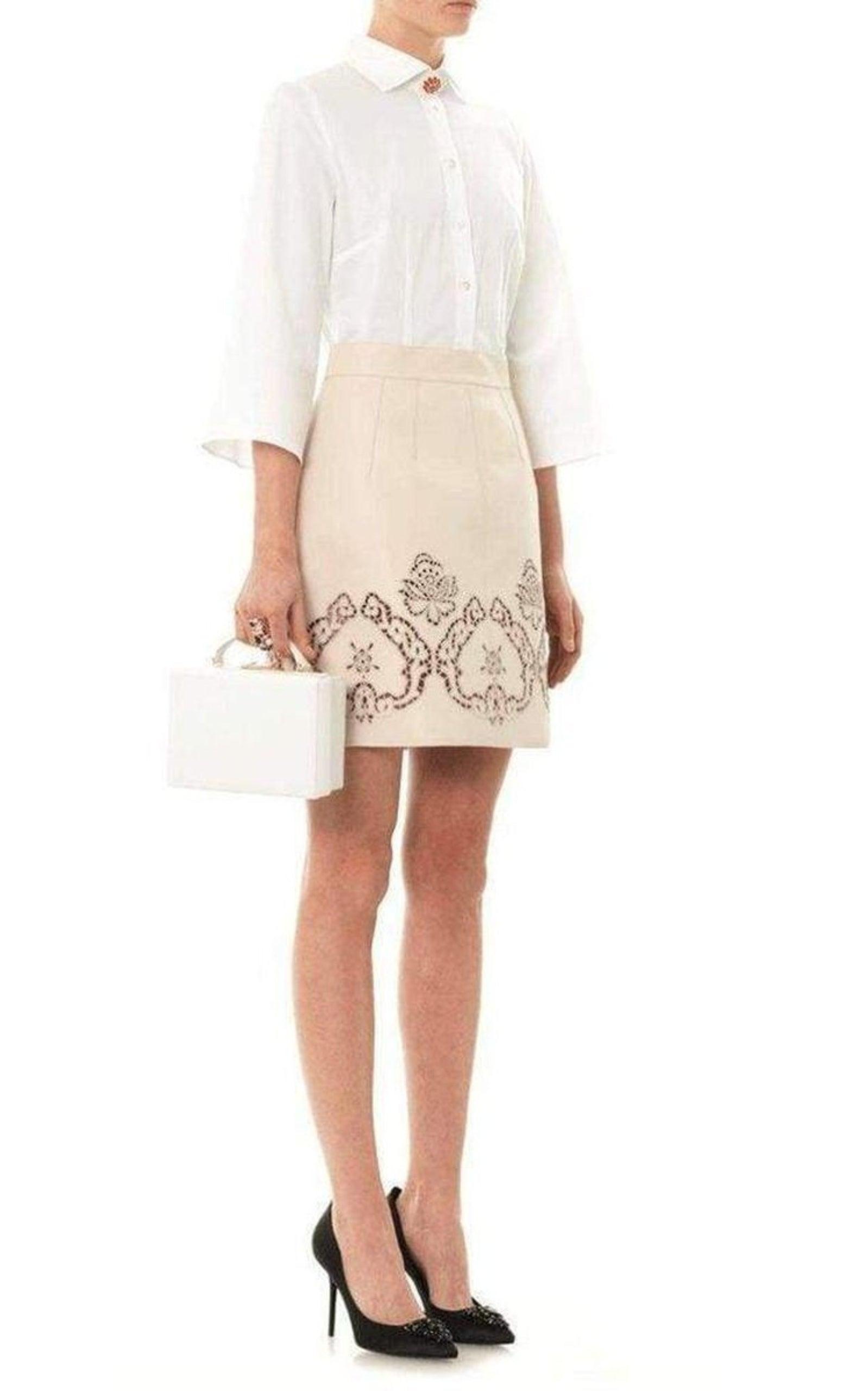  Dolce & GabbanaBeige Laser-cut Leather Skirt - Runway Catalog