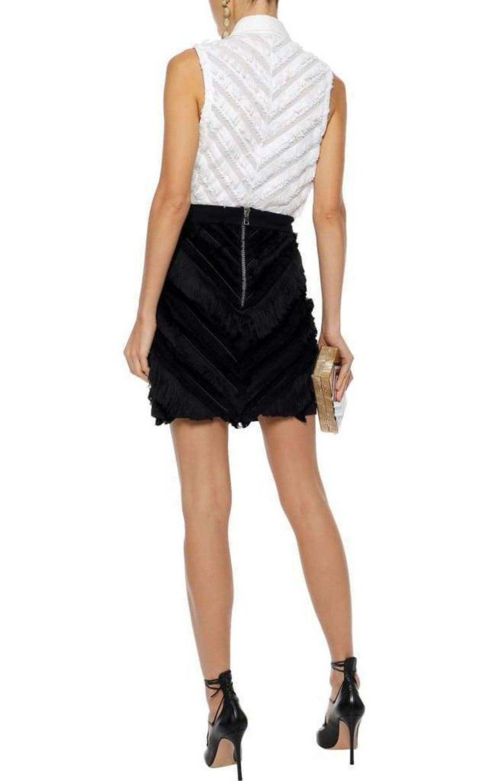  BalmainBlack Chevron Fringed Mini Skirt - Runway Catalog