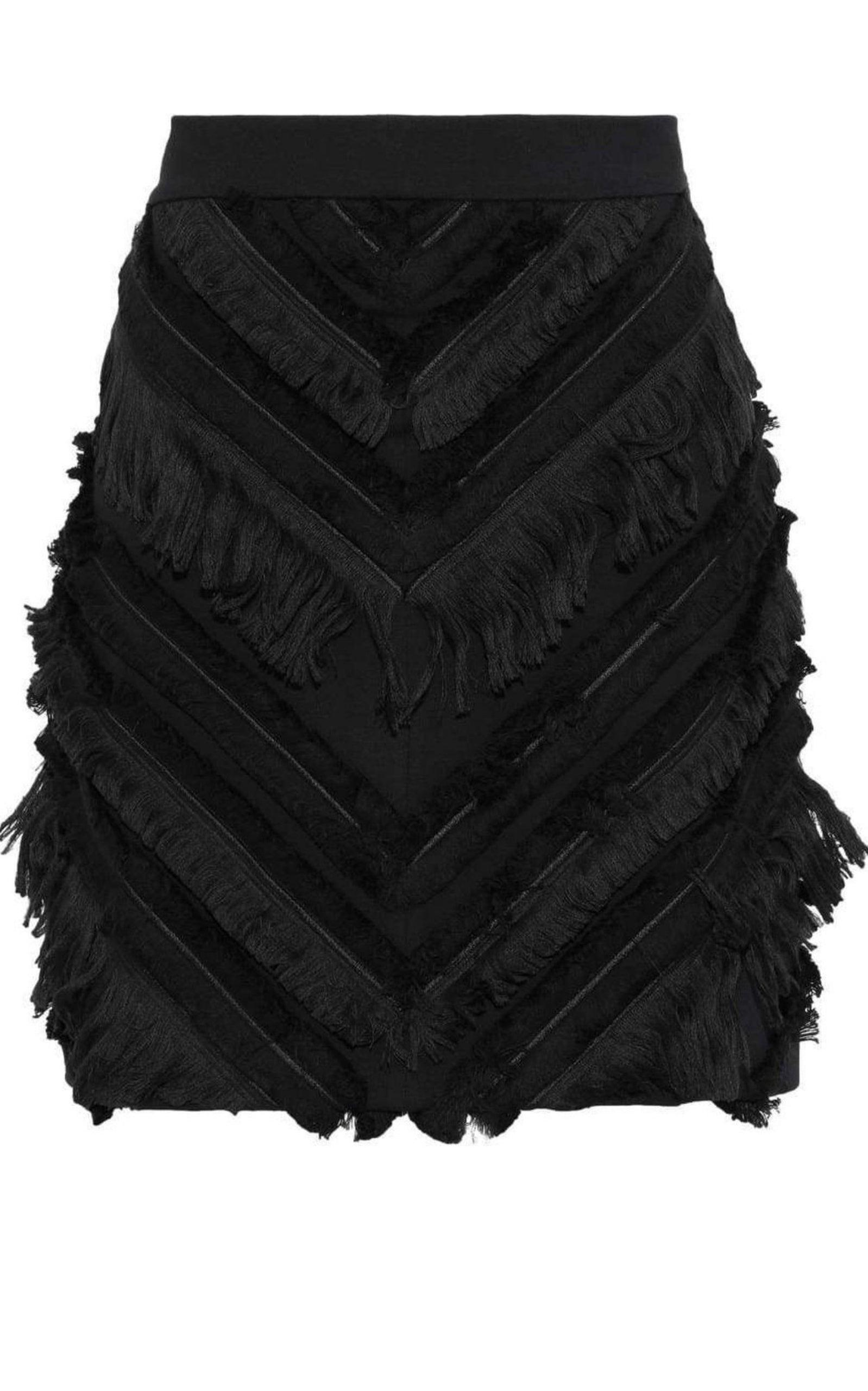 Balmain Black Chevron Fringed Mini Skirt | Runway Catalog