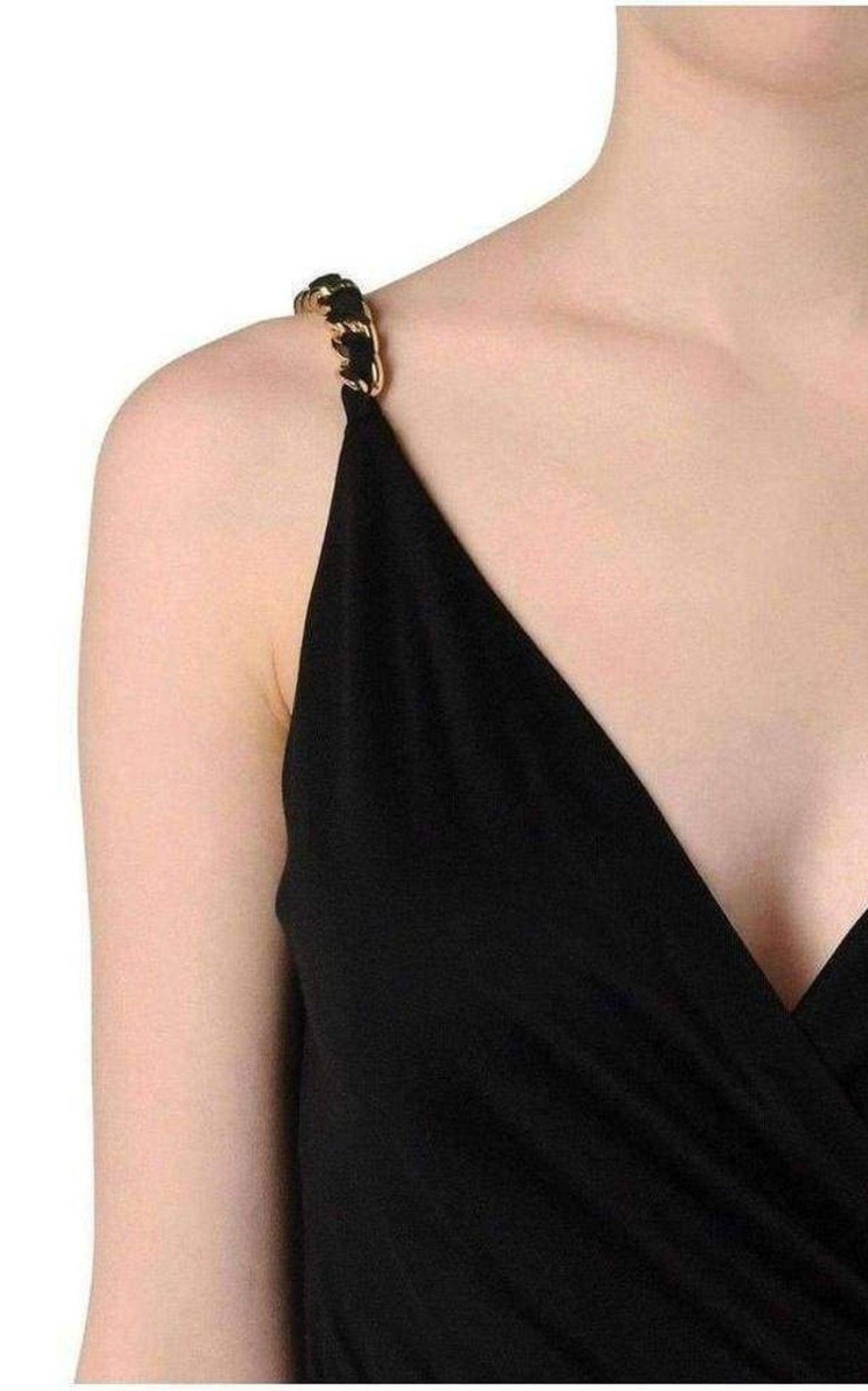  BalmainBlack Fitted Wrap Metal Chain Straps Silk Blend Dress - Runway Catalog