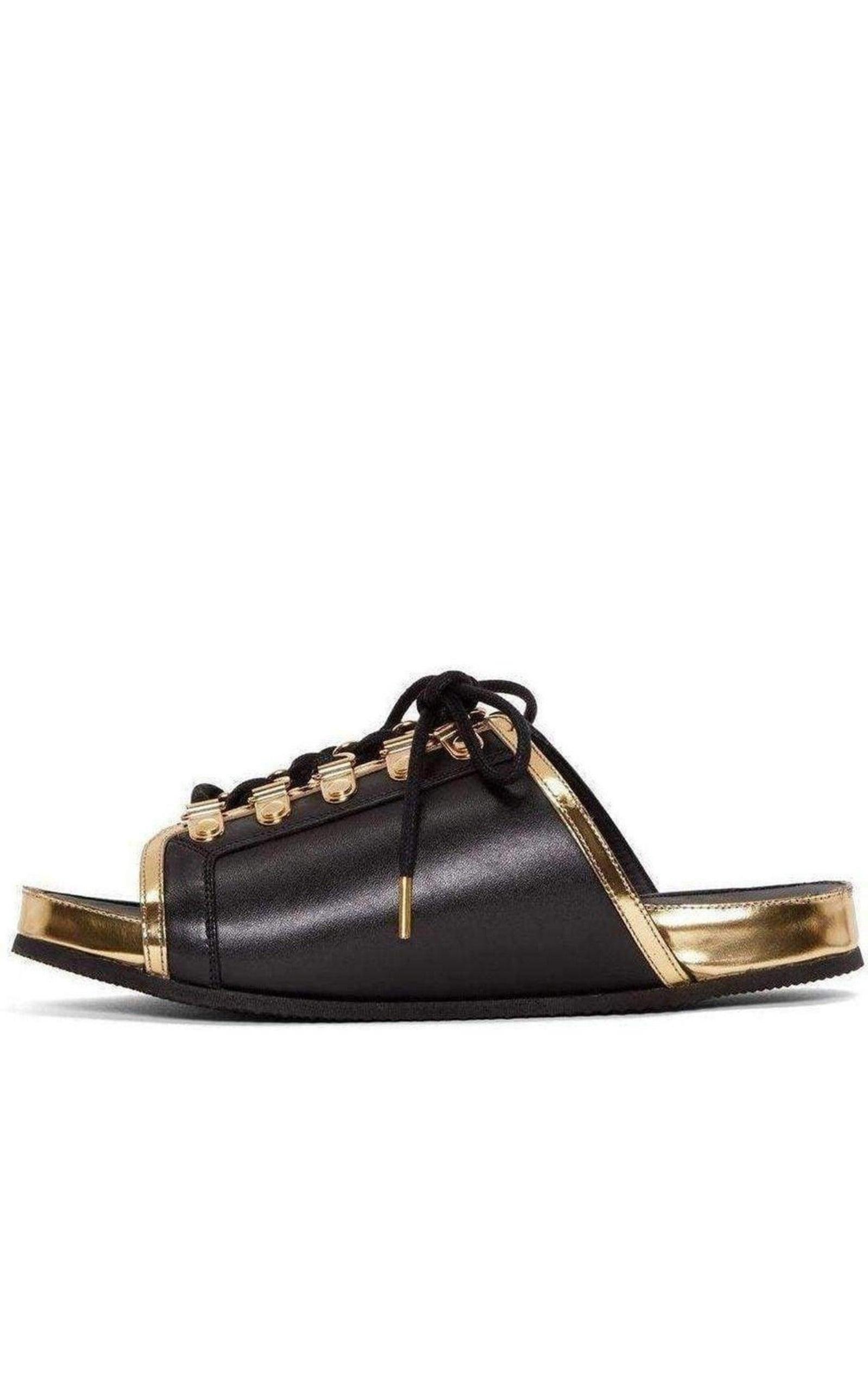  BalmainBlack Gold Lace up Sliders Men Leather Sandals - Runway Catalog