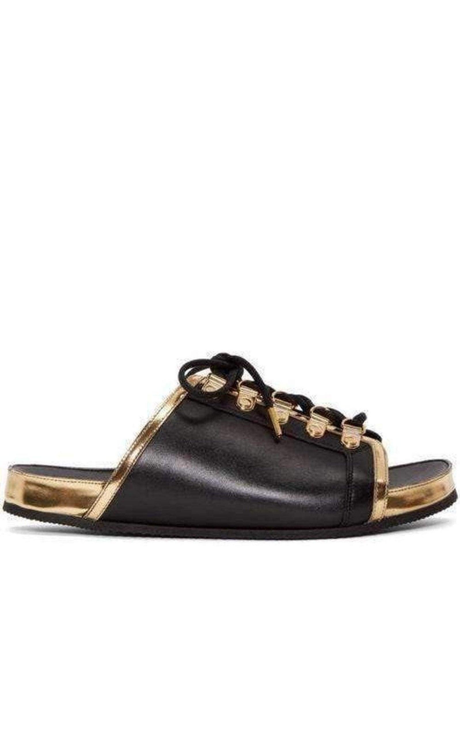  BalmainBlack Gold Lace up Sliders Men Leather Sandals - Runway Catalog