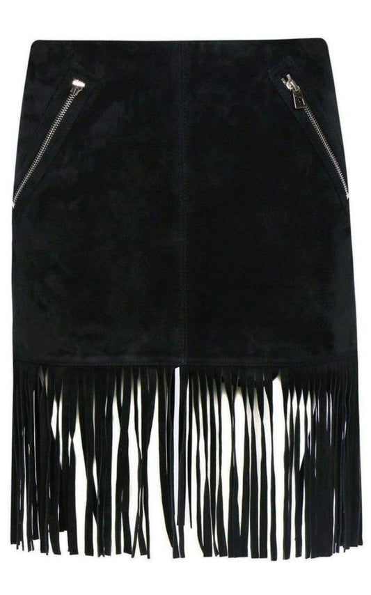  Barbara BuiBlack Leather Fringe Skirt - Runway Catalog