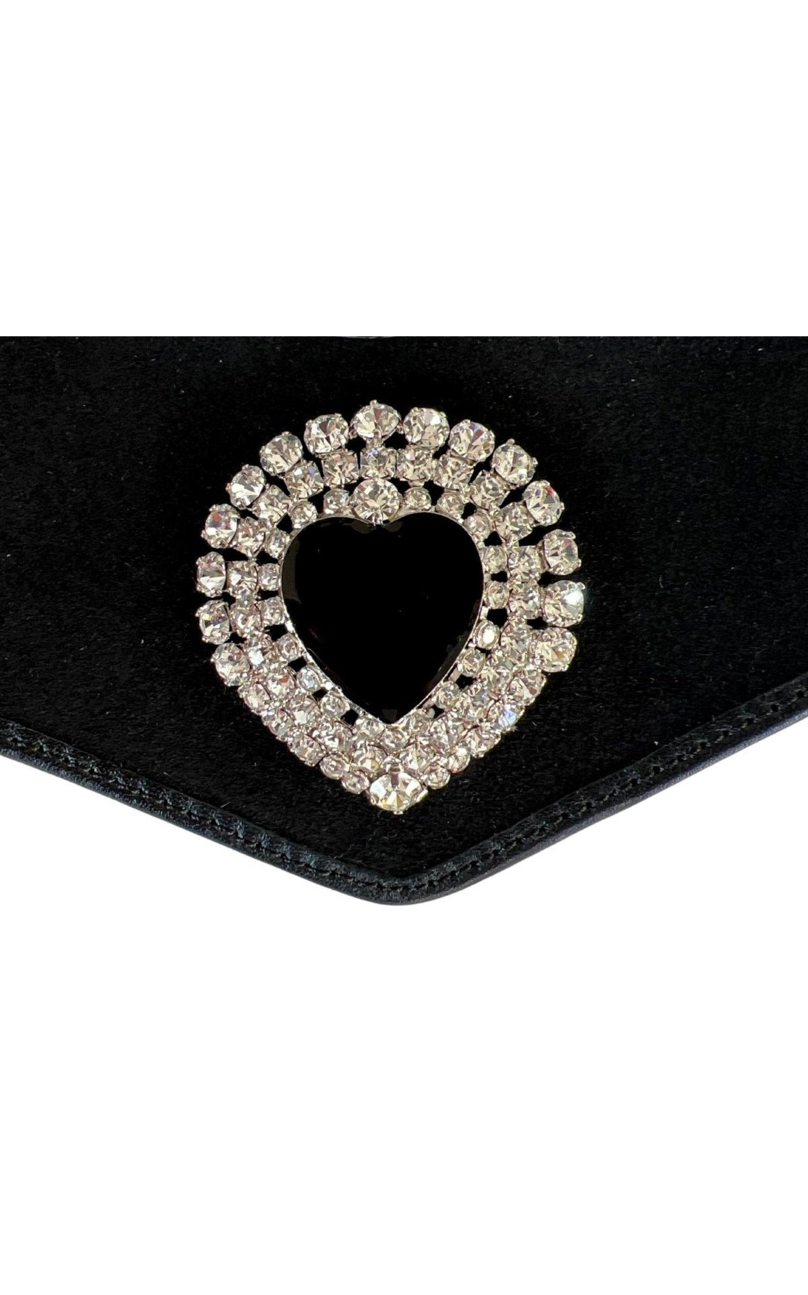  Alessandra RichBlack Leather and Velvet Crystal Heart Belt - Runway Catalog