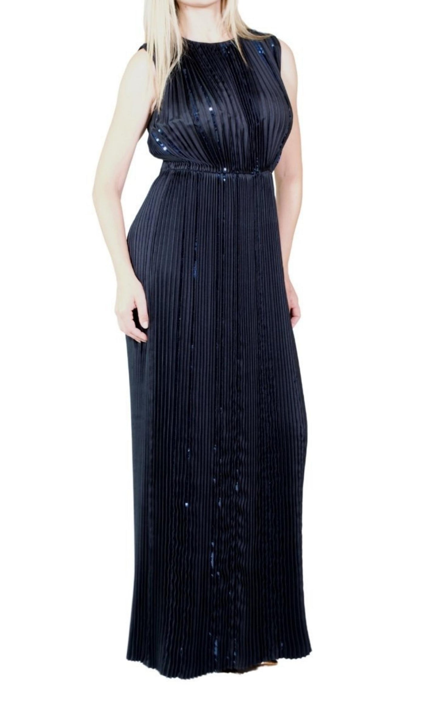 Nina RicciBlack Pleated Sequin Embellished Maxi Silk Gown - Runway Catalog