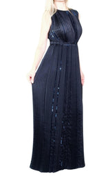  Nina RicciBlack Pleated Sequin Embellished Maxi Silk Gown - Runway Catalog