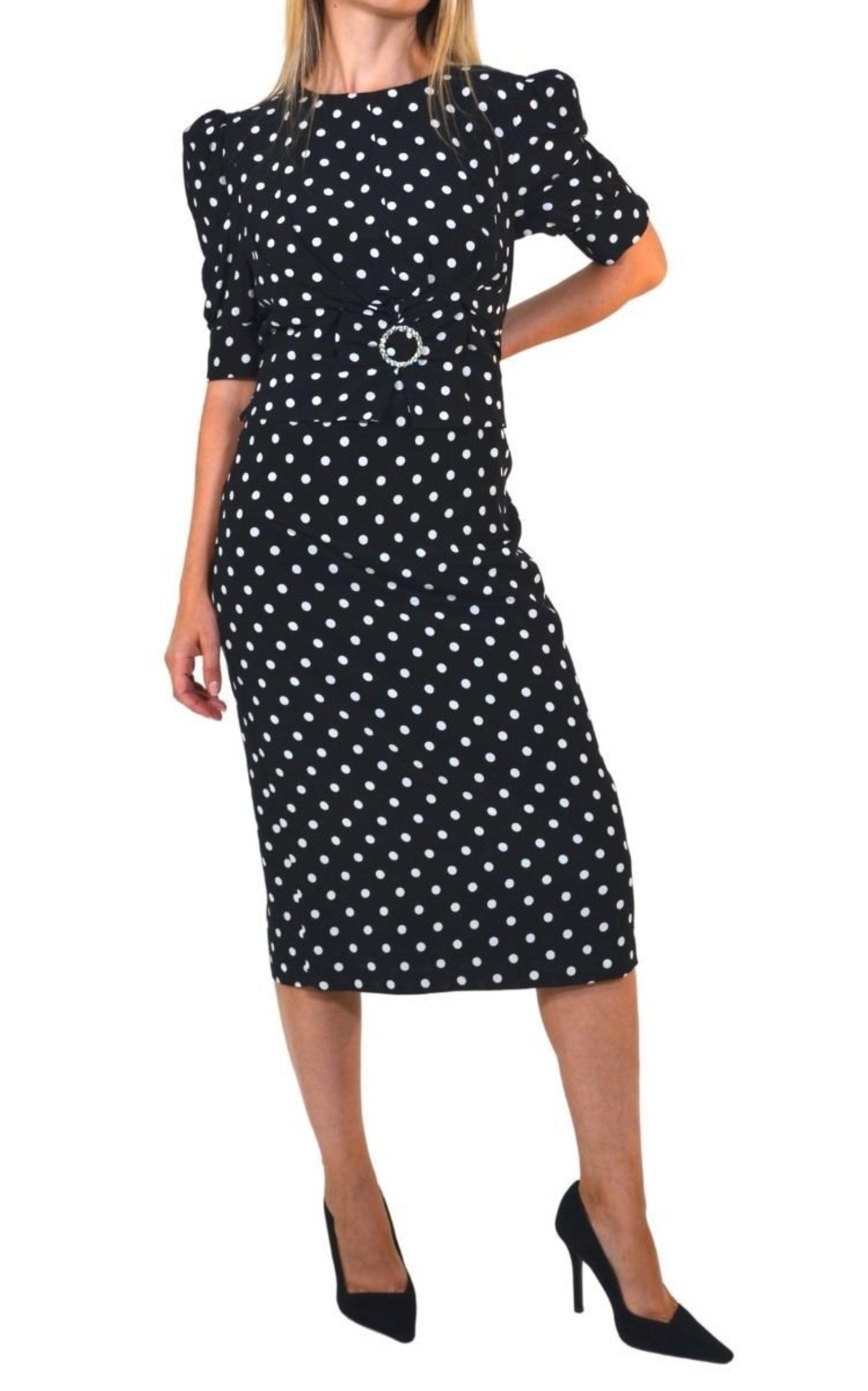  Alessandra RichBlack Polka Dot Fitted Silk Dress - Runway Catalog