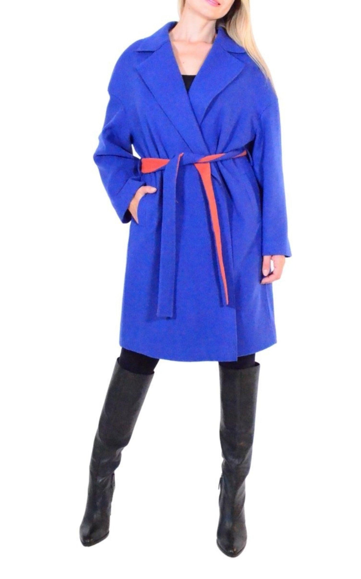  Cult ModaBlue Belted Wrap Trench Coat - Runway Catalog