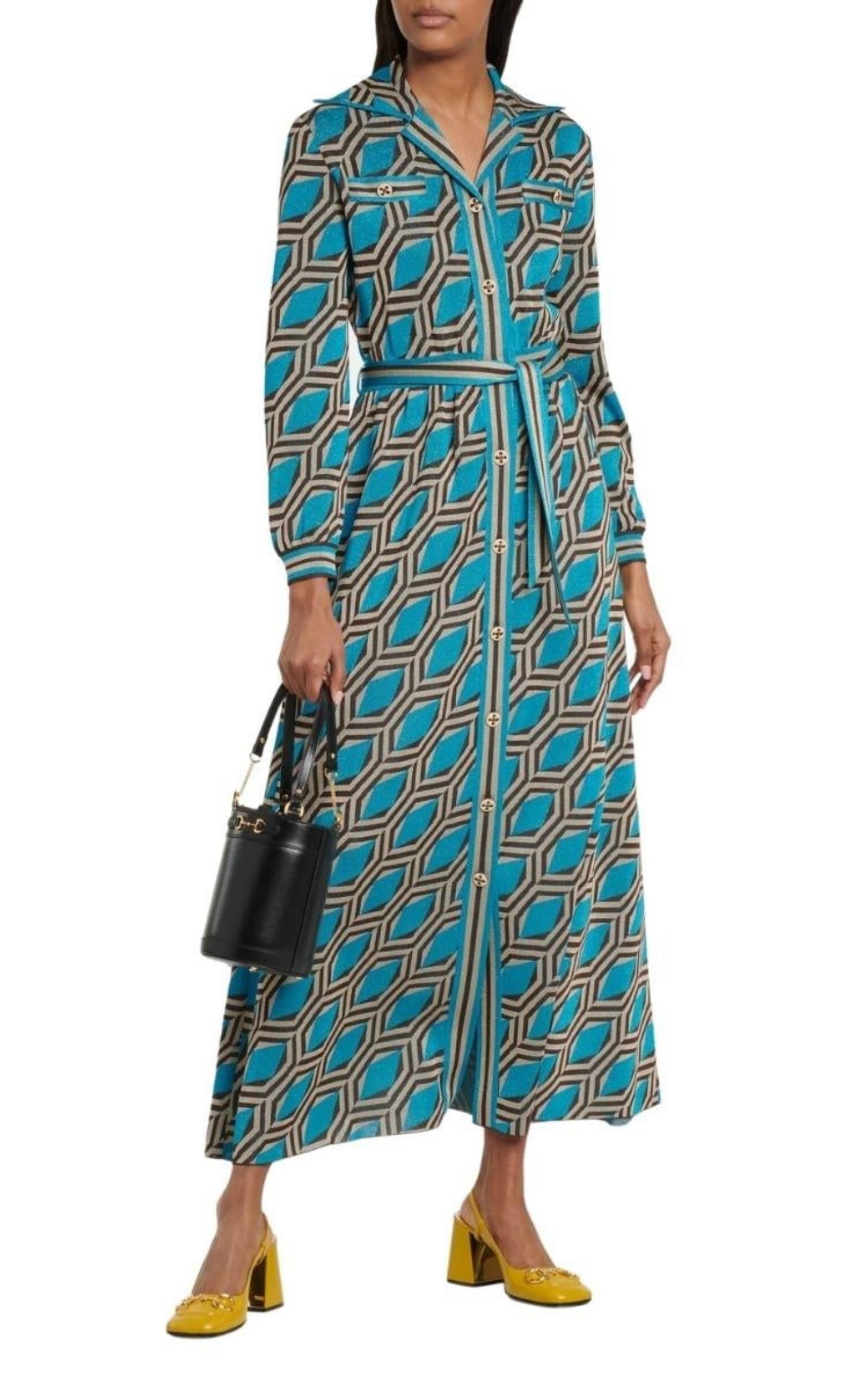 Blue Geometric-pattern Jacquard Shirt Dress