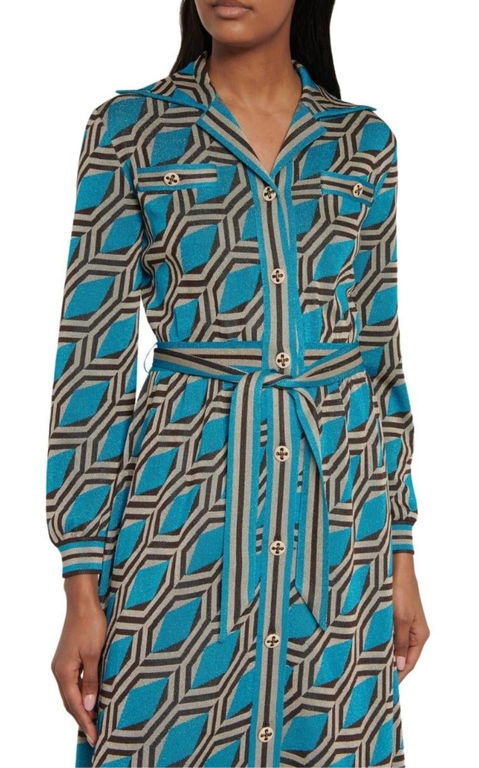  GucciBlue Geometric-pattern Jacquard Shirt Dress - Runway Catalog