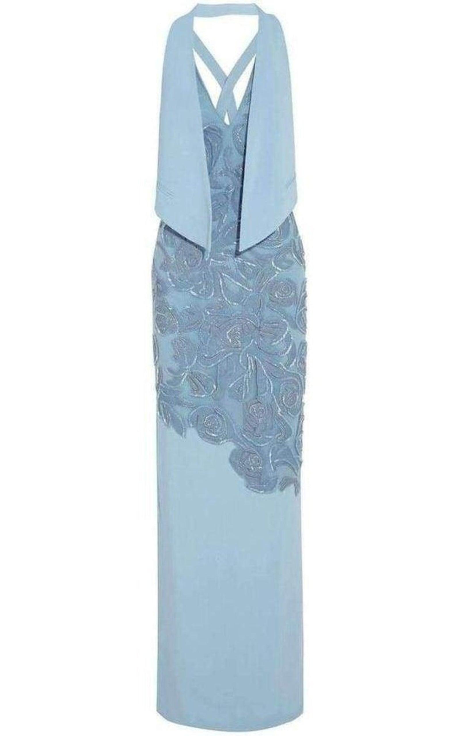 Versace Blue Leather Cutout Lace Embellished Gown | Runway Catalog